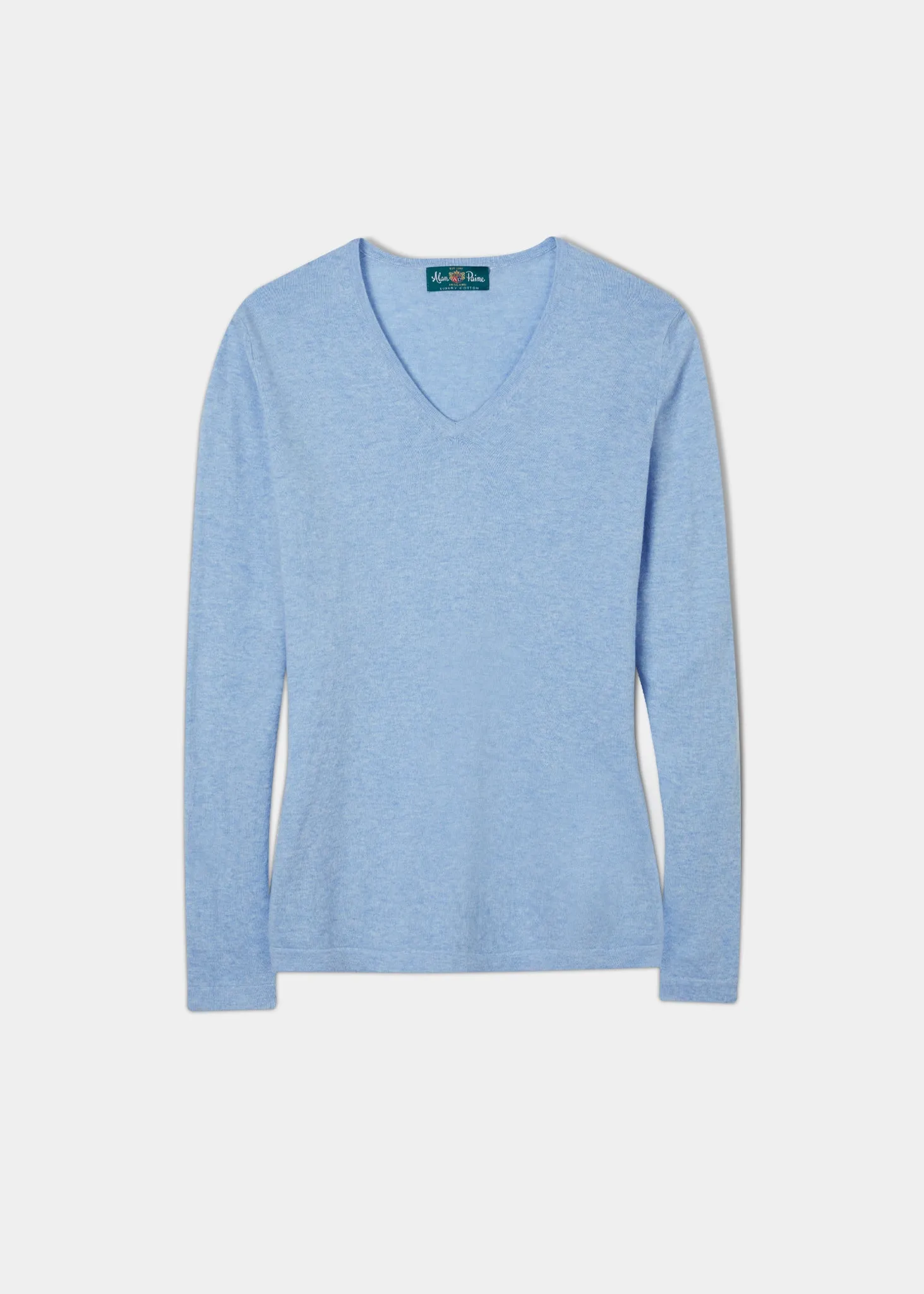 Alice Ladies Cotton Cashmere Vee Neck Jumper In Steel Blue