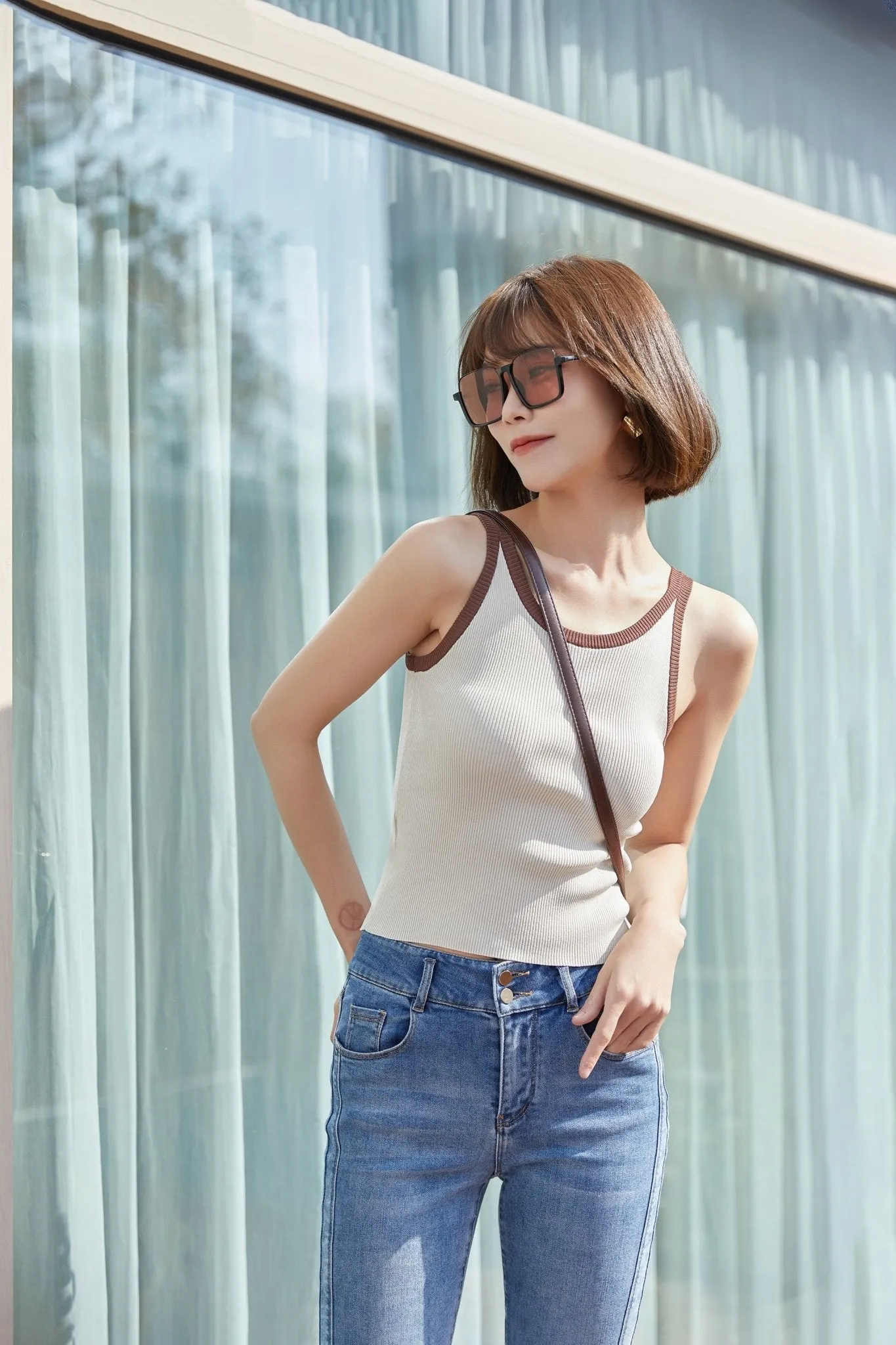 Beige Color Contrast Camis Tank Crop Top