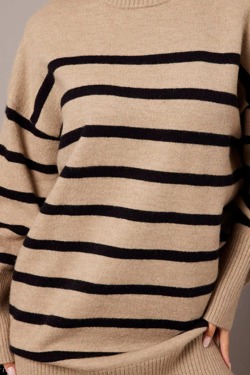 Beige Stripe Knit Dress Long Sleeve Crew Neck Oversized