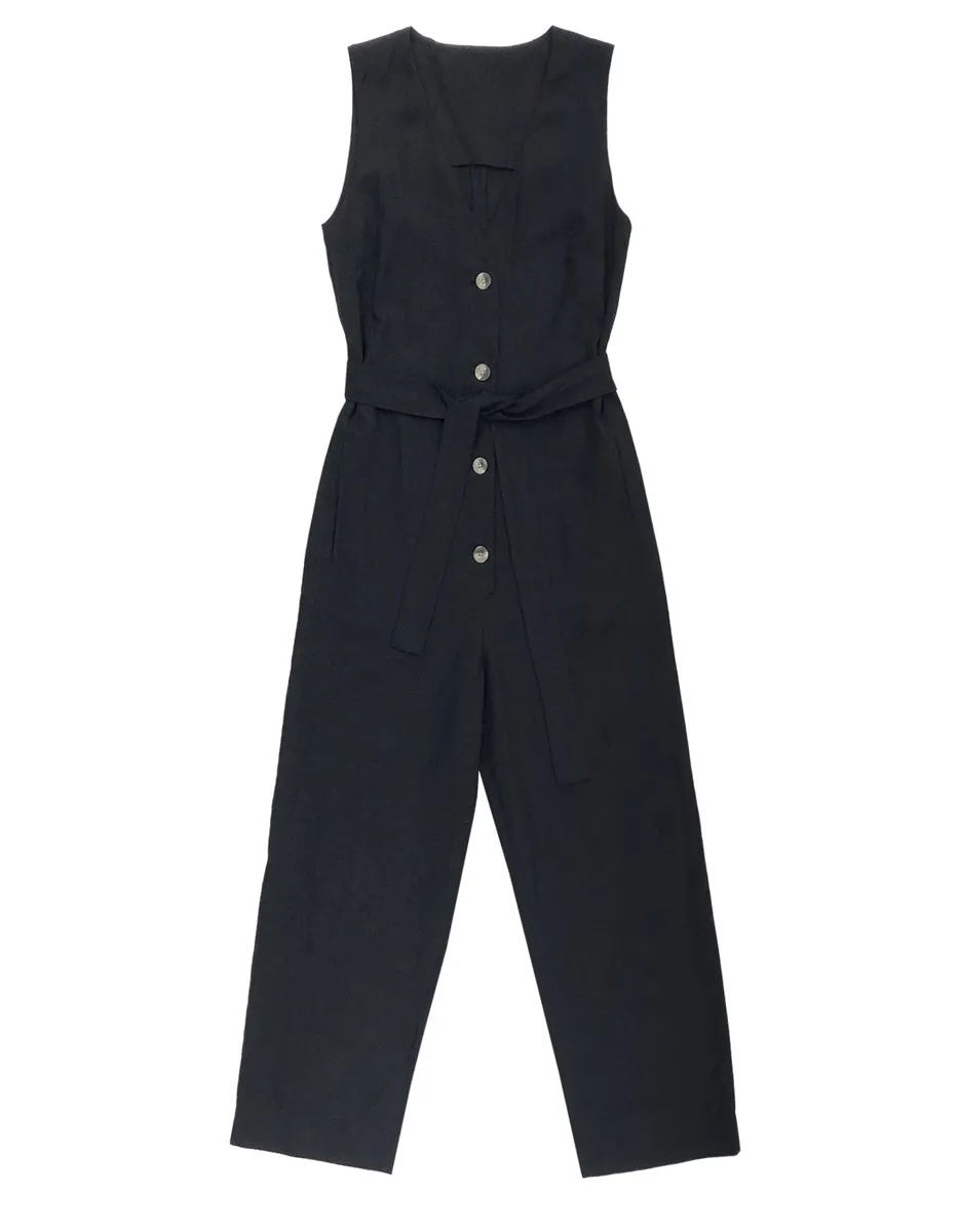 BLACK FANCY BUTTON DOWN JUMPSUIT