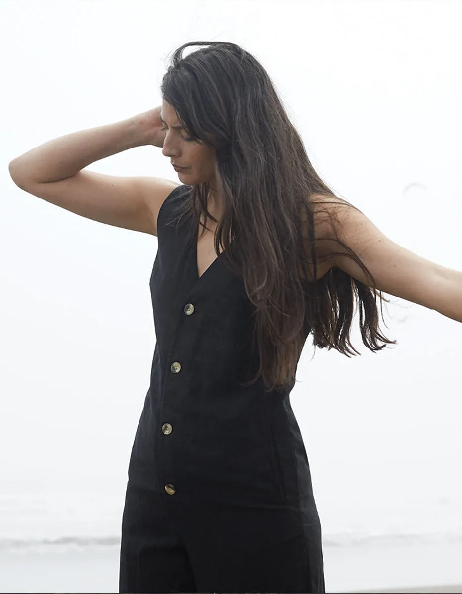 BLACK FANCY BUTTON DOWN JUMPSUIT