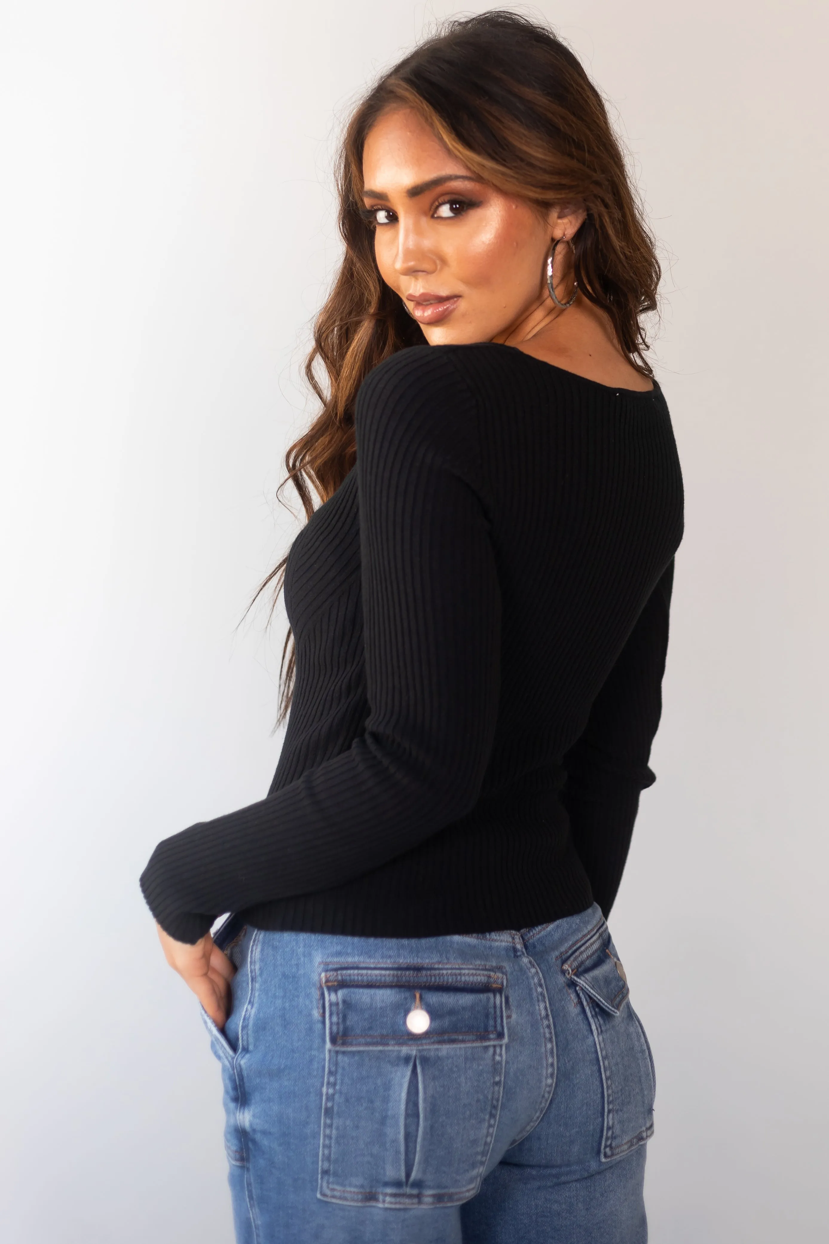 Black Long Sleeve Thick Ribbed Knit Fitted Top