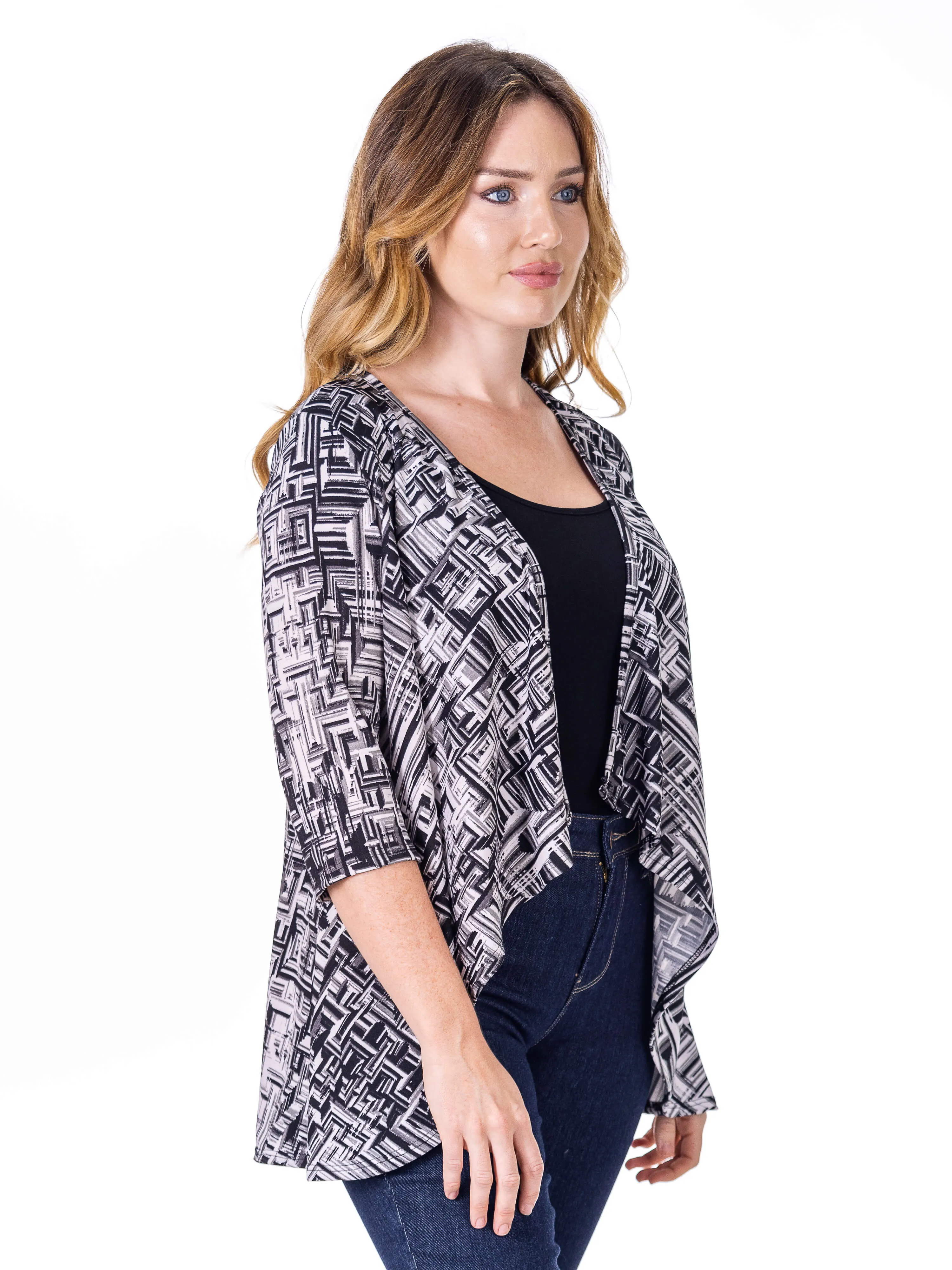 Black Print Elbow Length Sleeve Open Cardigan