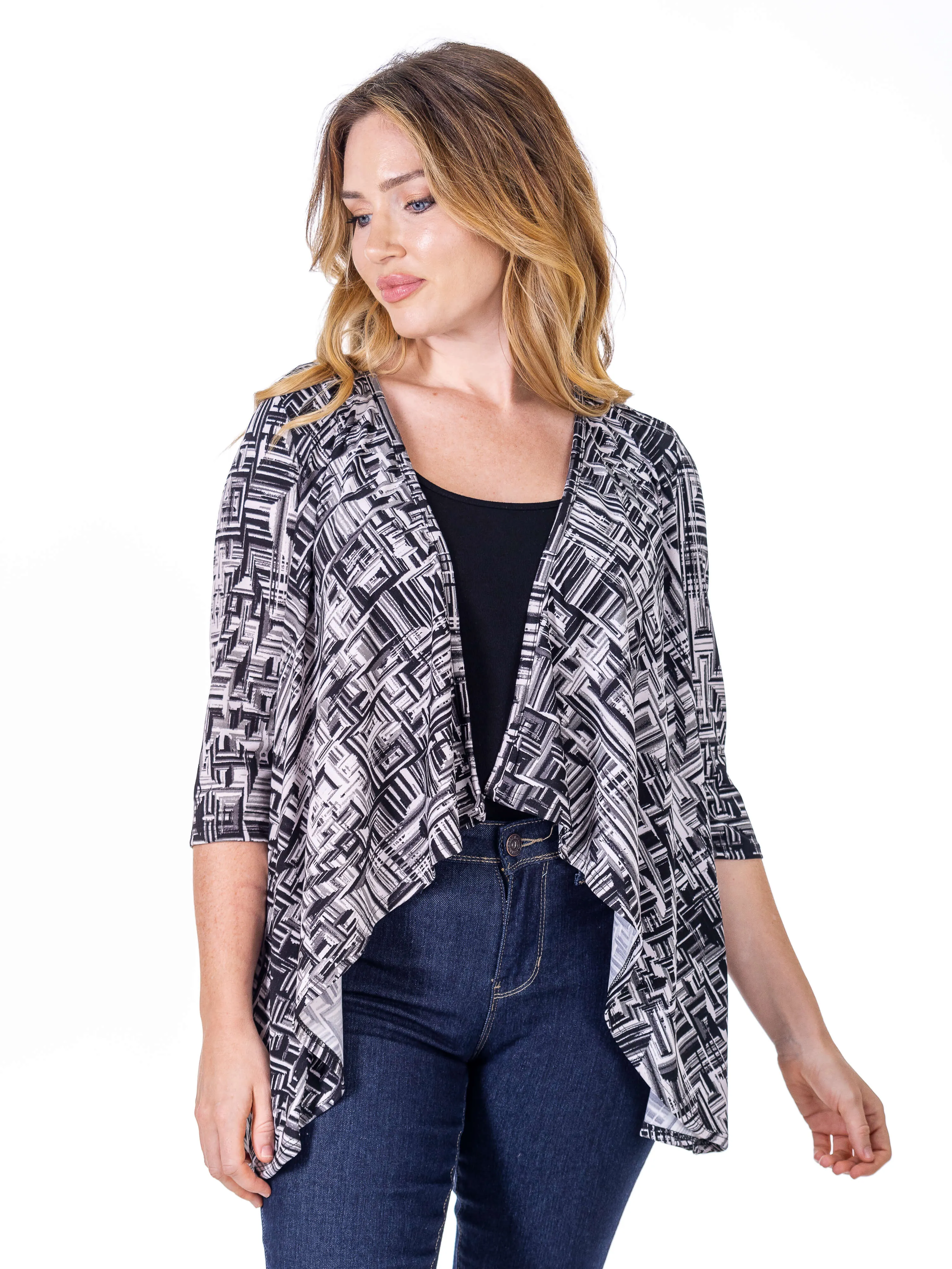 Black Print Elbow Length Sleeve Open Cardigan