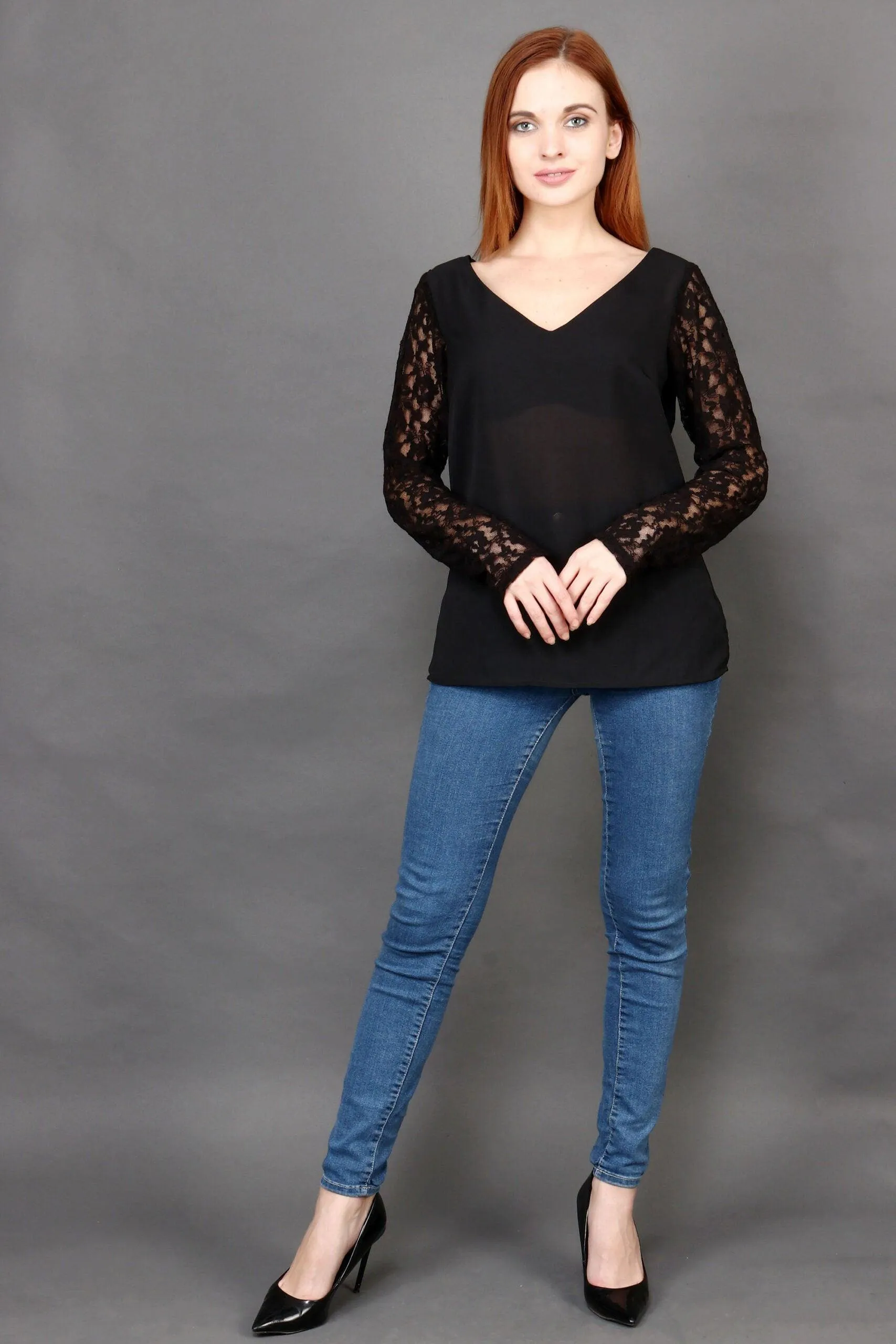 Black Solid Top with Net Mesh Sleeves