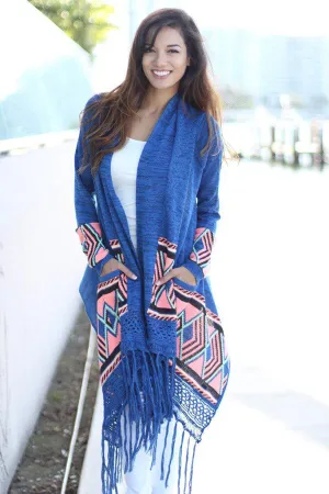 Blue and Neon Pink Long Cardigan