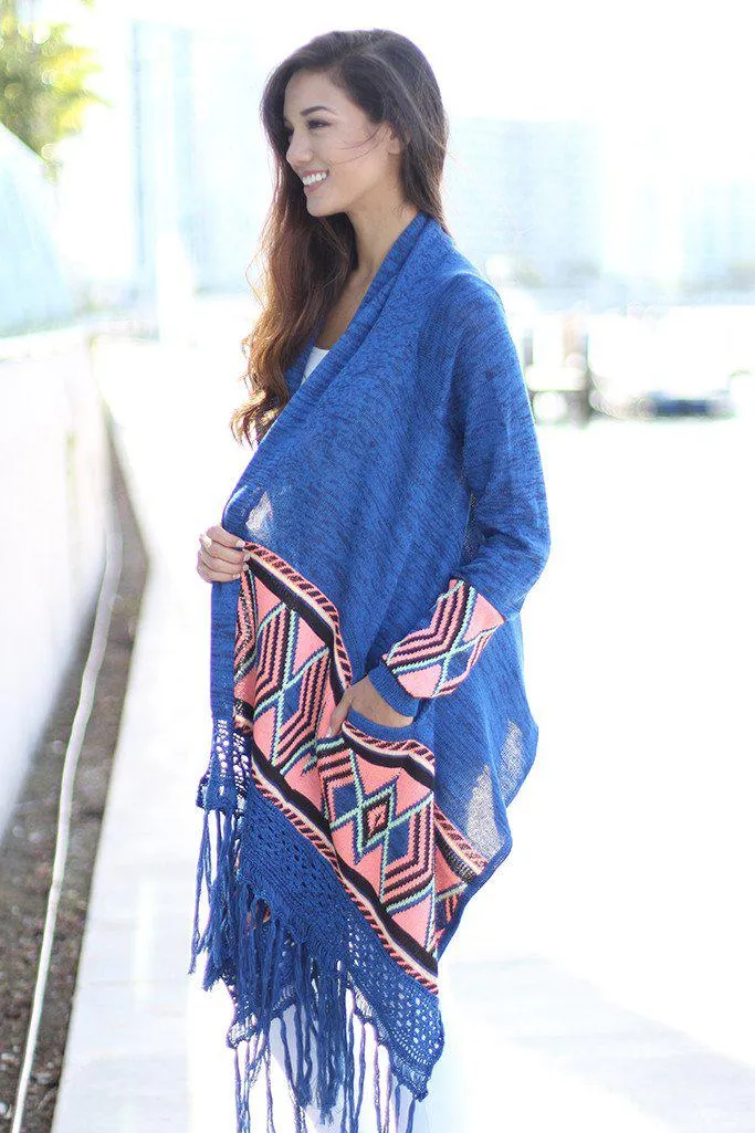 Blue and Neon Pink Long Cardigan