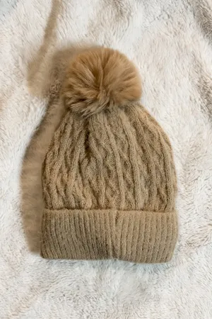 Cable Knit Taupe Cuffed Beanie