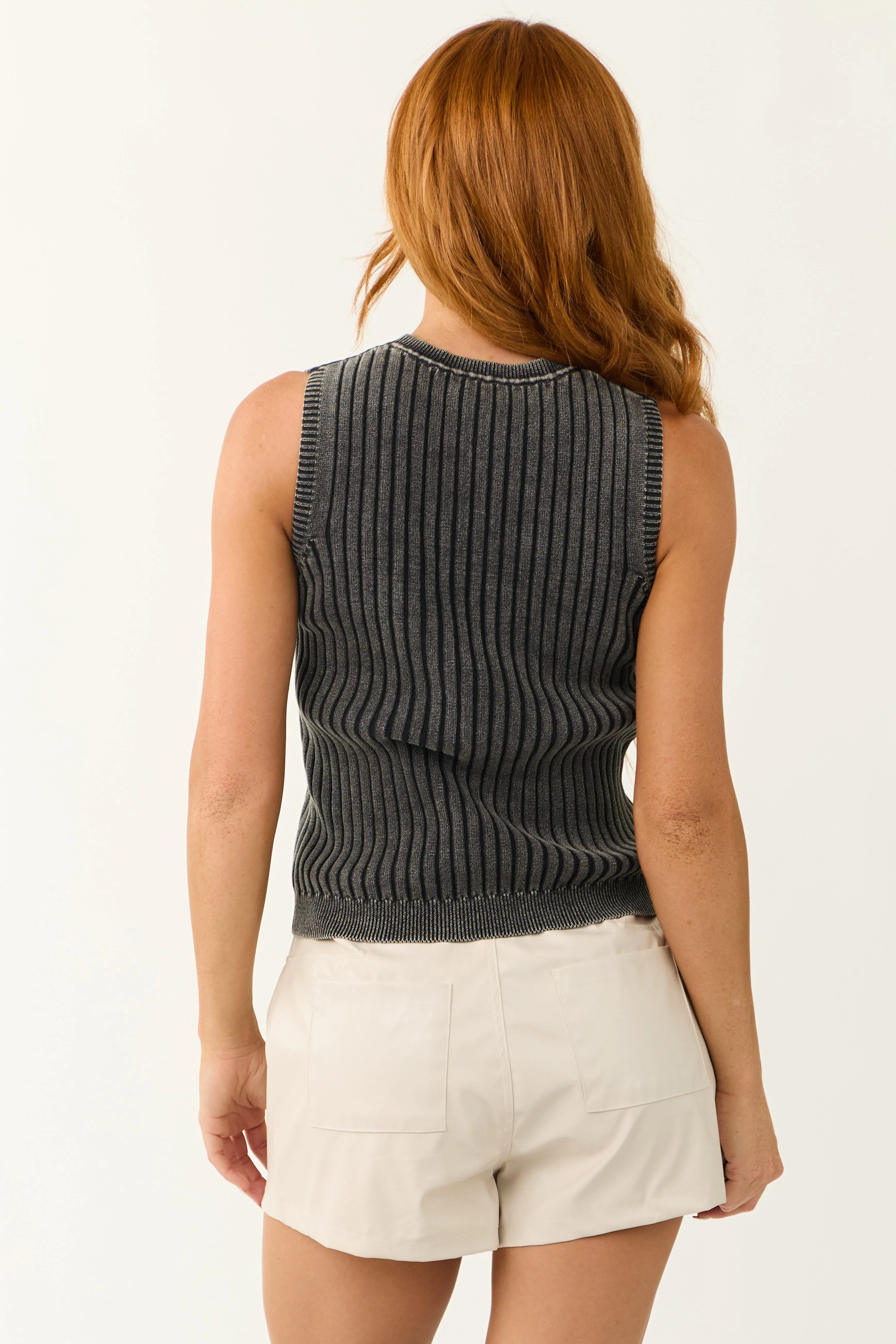 Charcoal Ribbed Knit Sleeveless Fitted Top