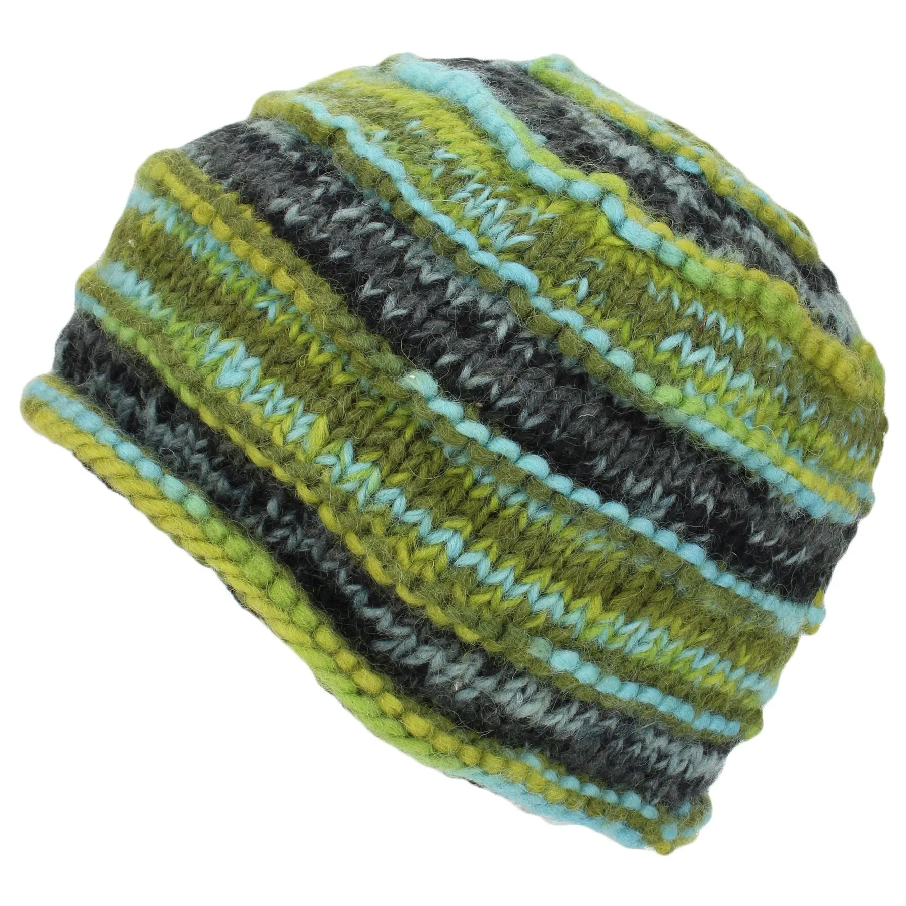 Chunky Ribbed Wool Knit Beanie Hat with Space Dye Design - Green & Blue