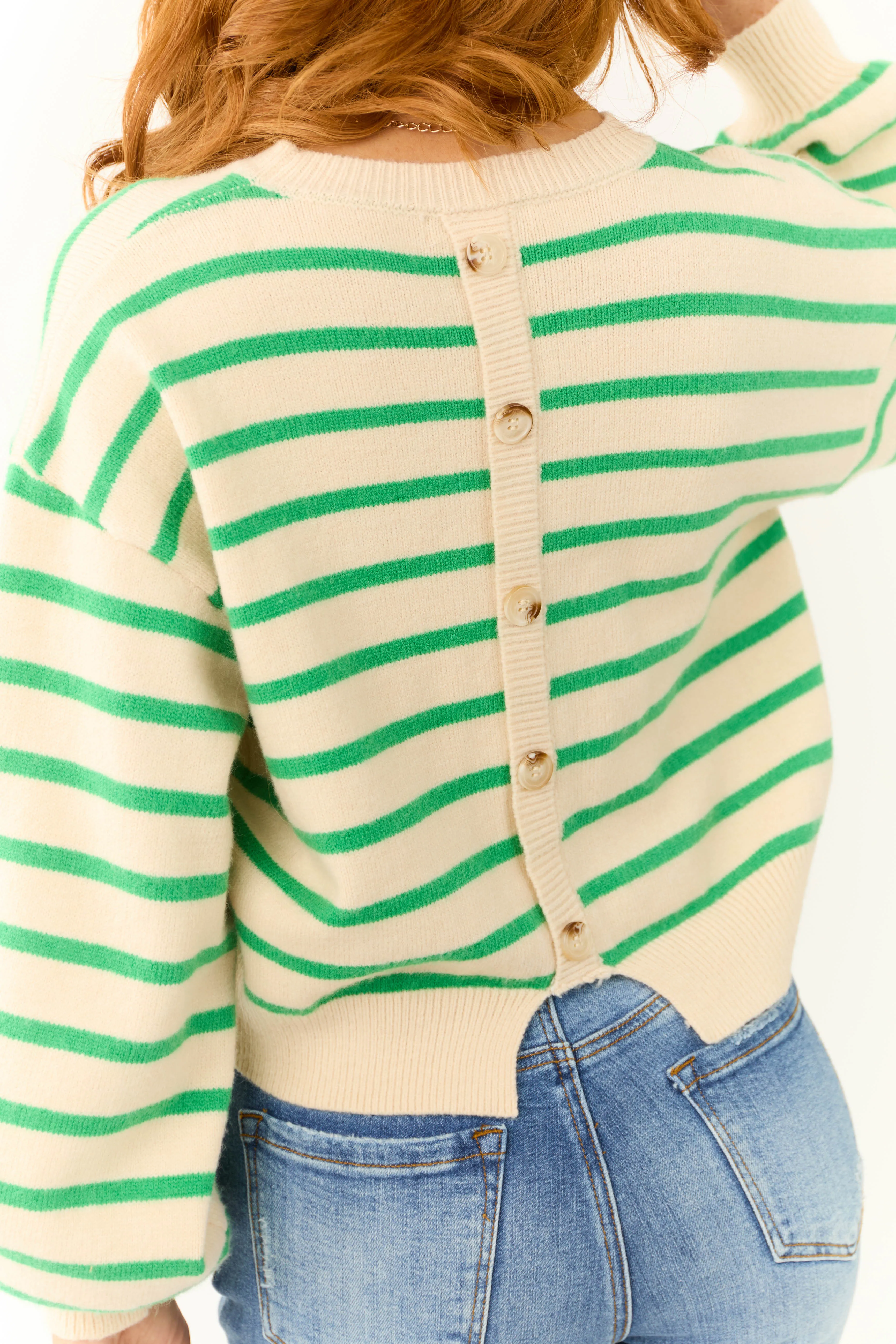 Coconut and Kelly Green Buttoned Striped Sweater