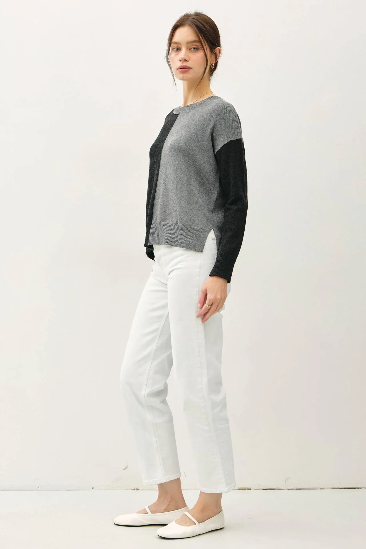 COLOR BLOCKED BASIC ROUND NECK SWEATER