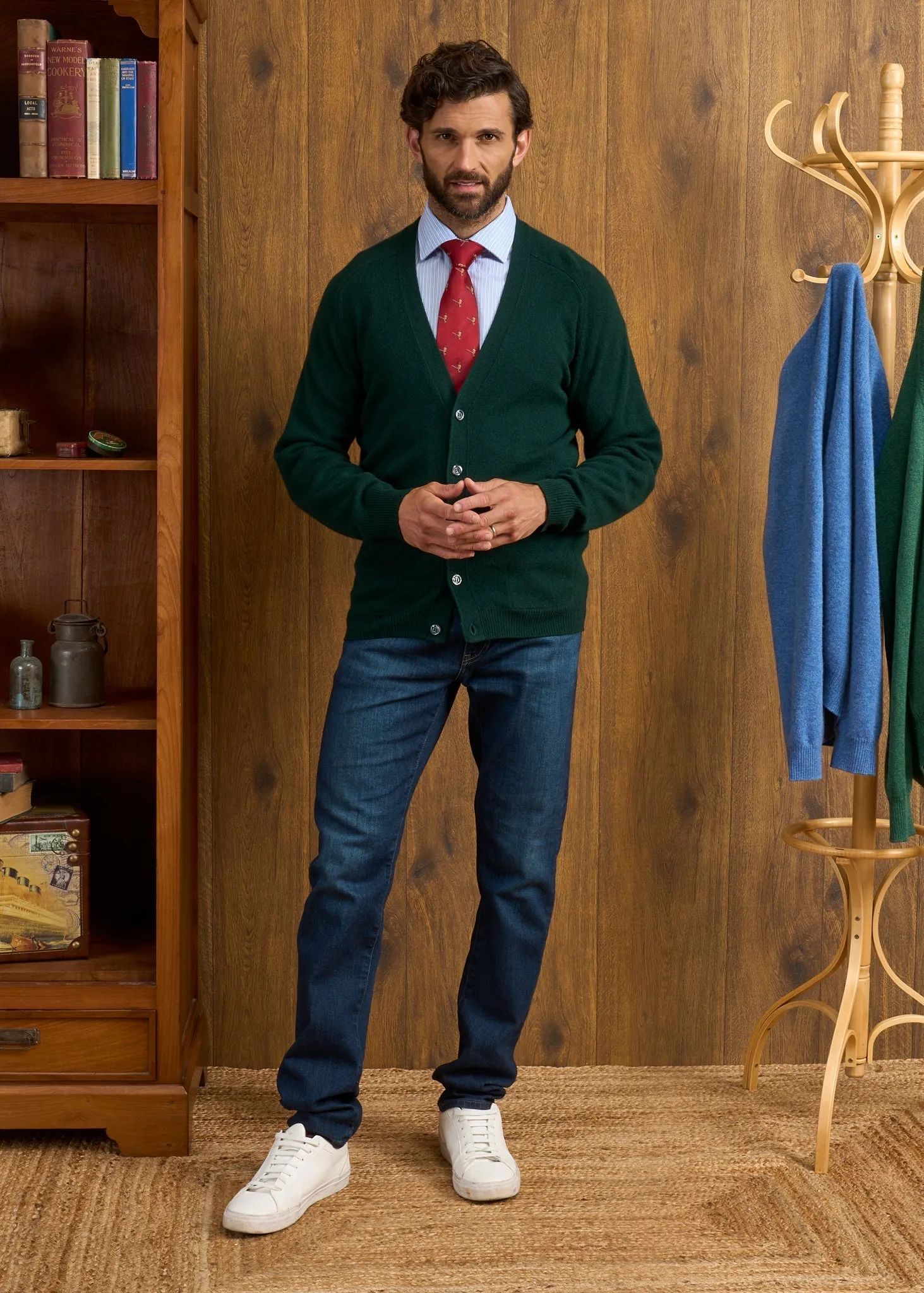 Cornwall Lambswool Cardigan in Tartan Green - Classic Fit