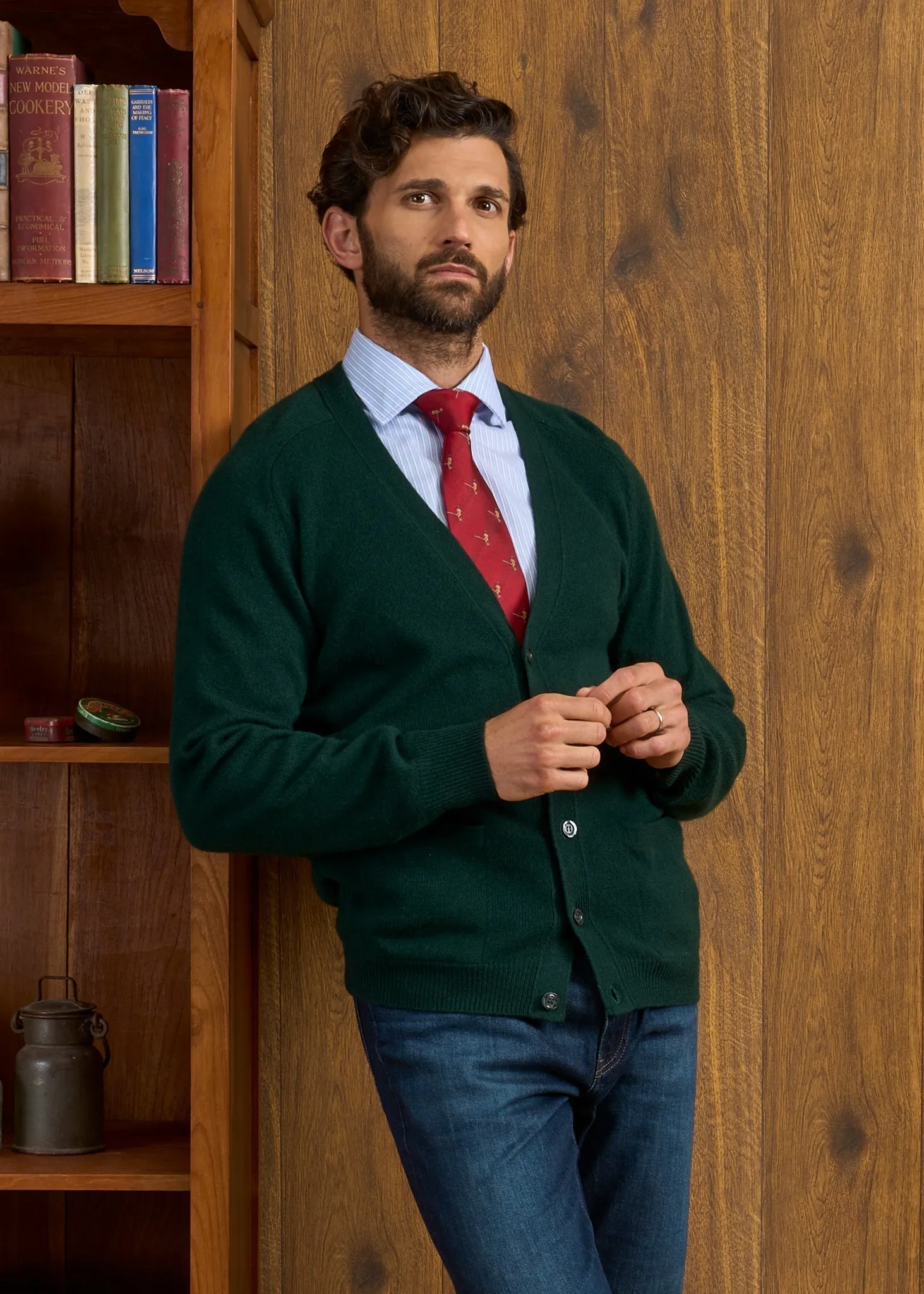 Cornwall Lambswool Cardigan in Tartan Green - Classic Fit