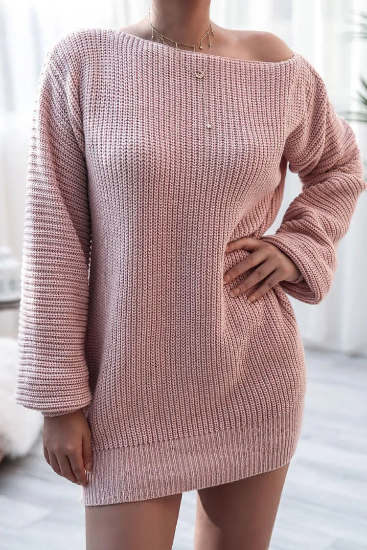 Cozy Winter Boat Neck Long Sleeve Textured Sweater Mini Dress - Pink