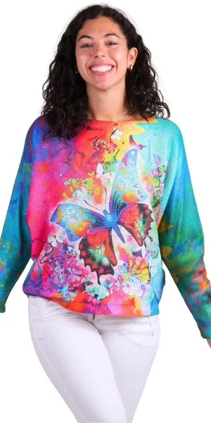 Daria Batwing Sweater with Groovy Butterfly Print