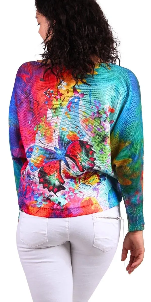 Daria Batwing Sweater with Groovy Butterfly Print