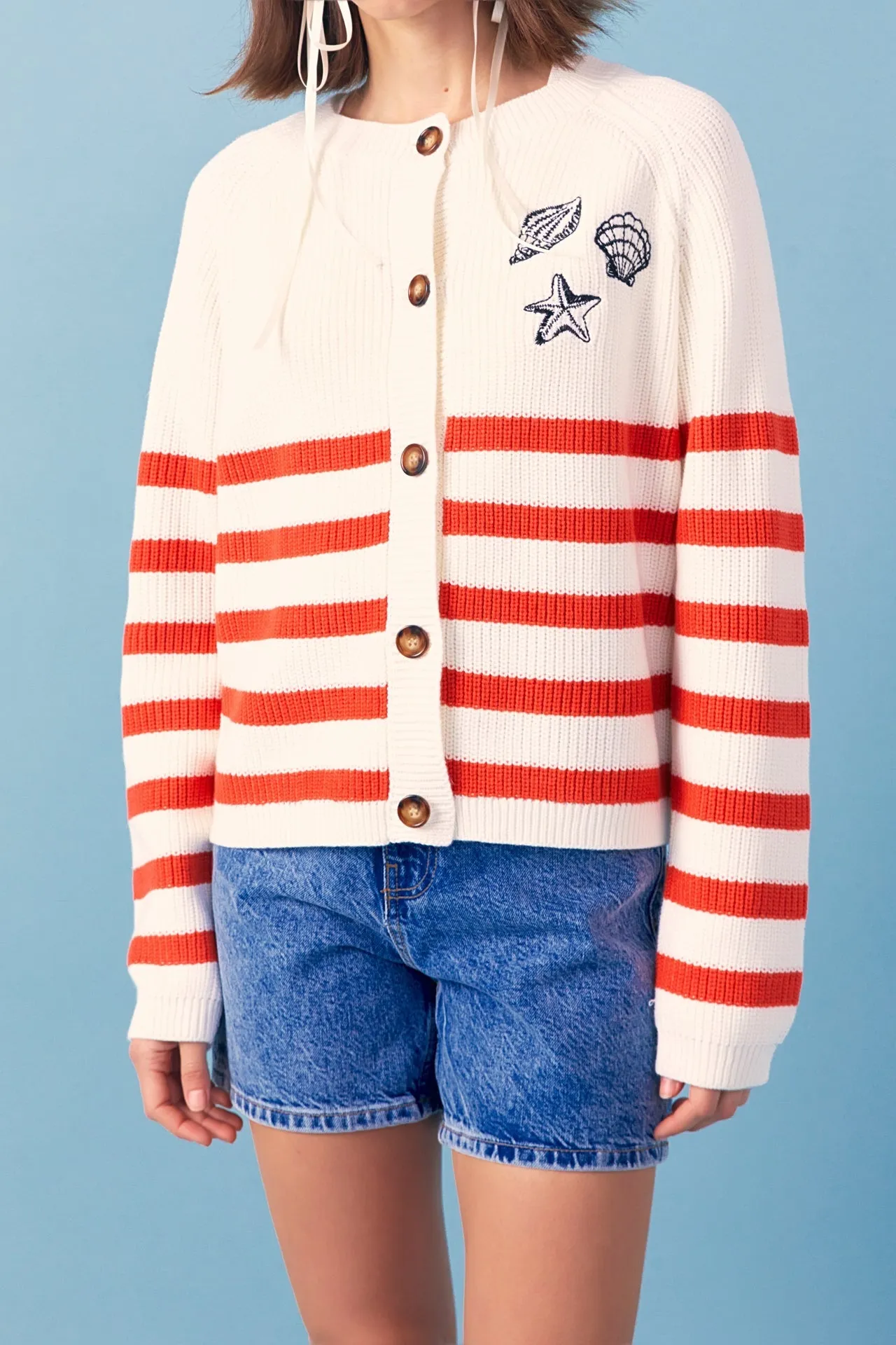 English Factory - Breton Striped Cardigan with Shell Embroidery