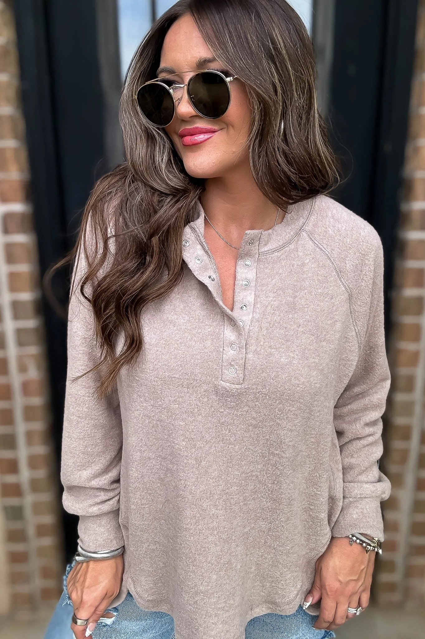 Exhale Ash Mocha Brushed Melange Hacci Oversized Henley Sweater