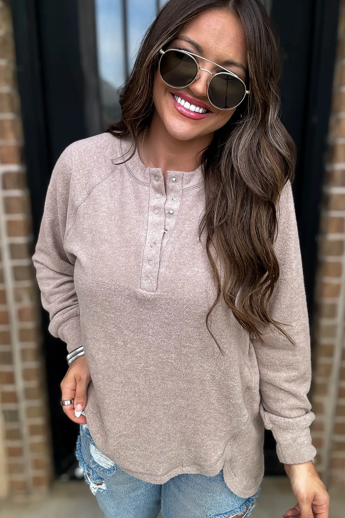 Exhale Ash Mocha Brushed Melange Hacci Oversized Henley Sweater