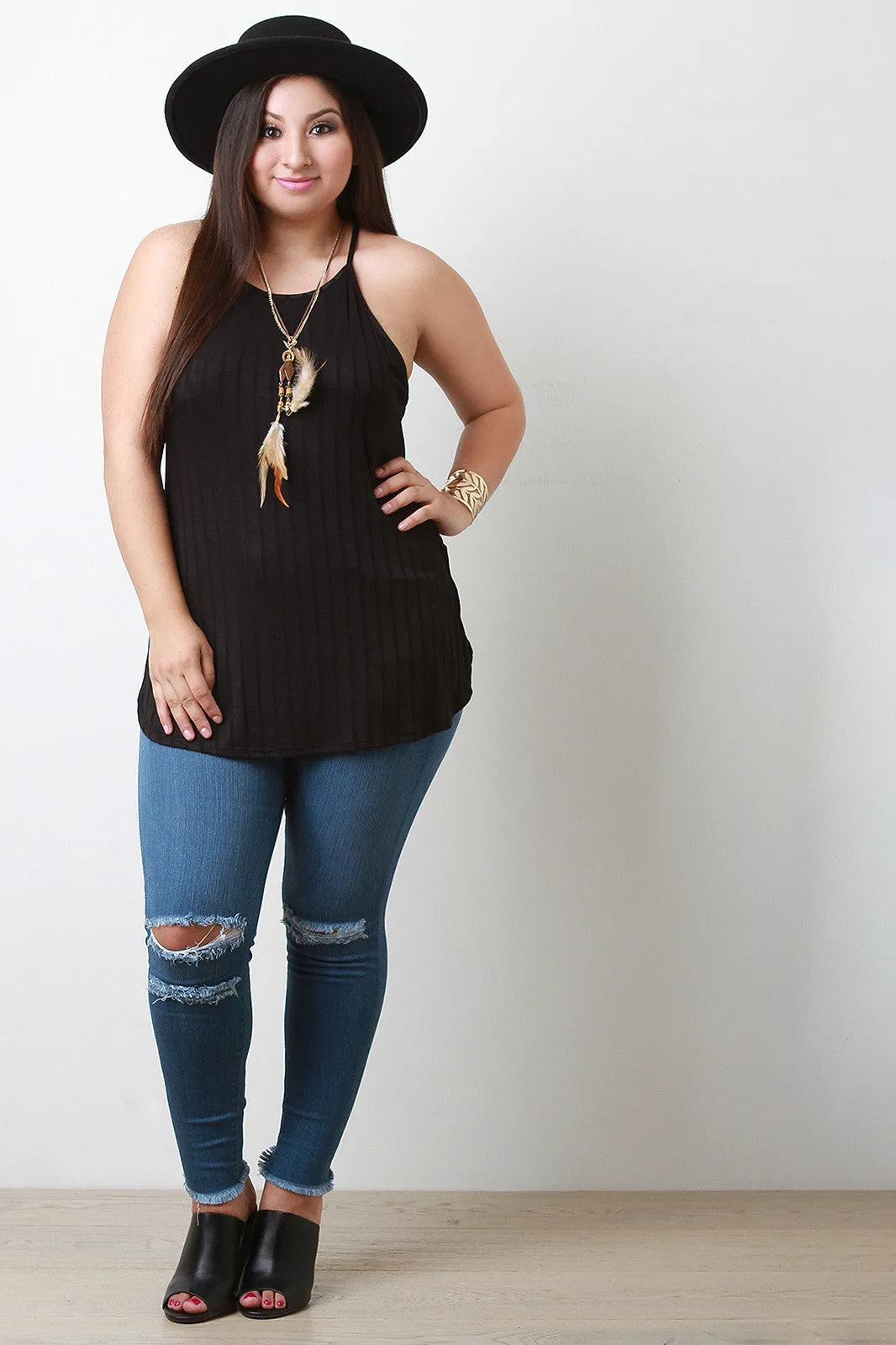 Feather Necklace Ribbed Trapeze Top