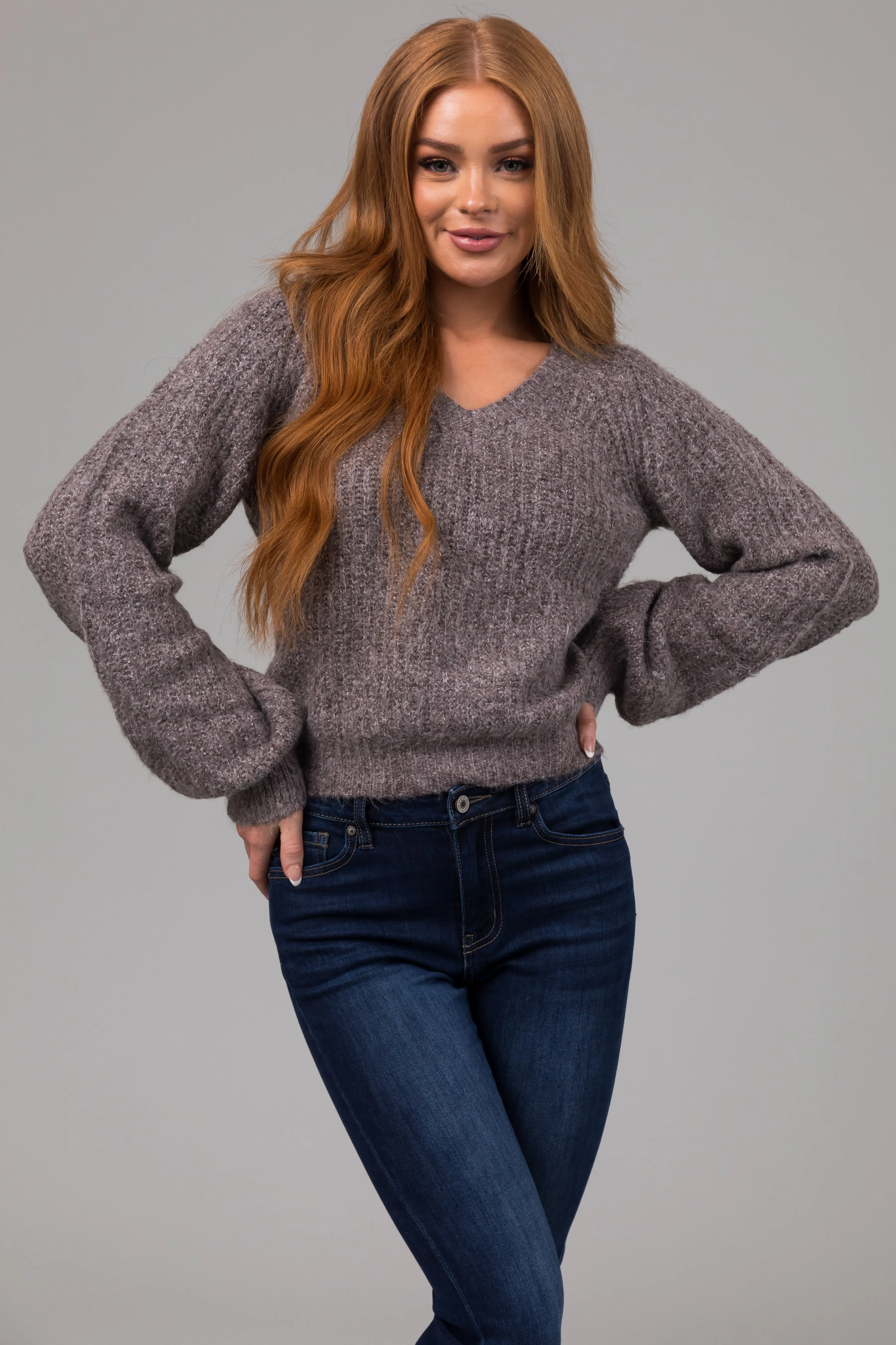 Heathered Graphite V Neck Bubble Sleeve Sweater