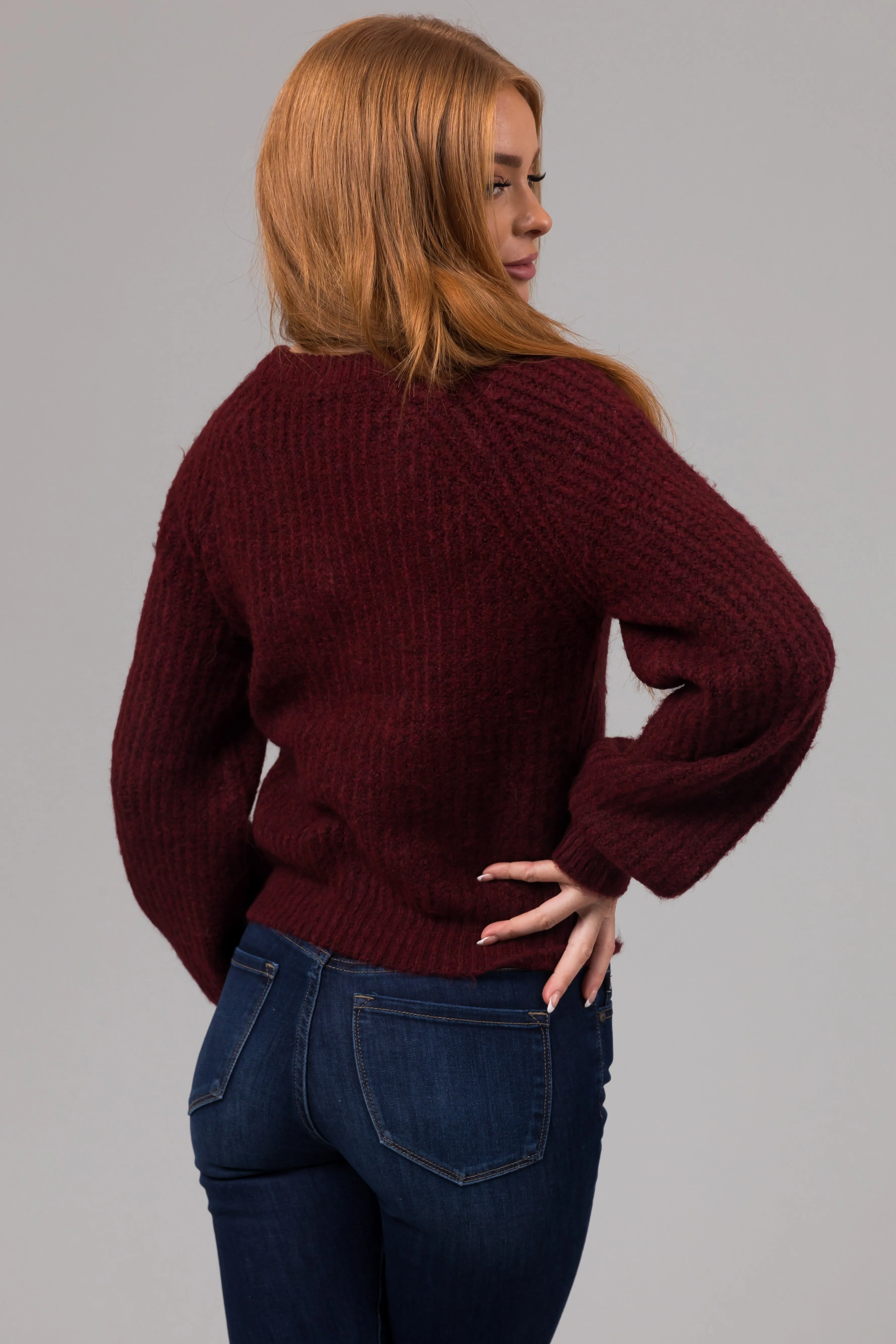 Heathered Maroon V Neck Bubble Sleeve Sweater