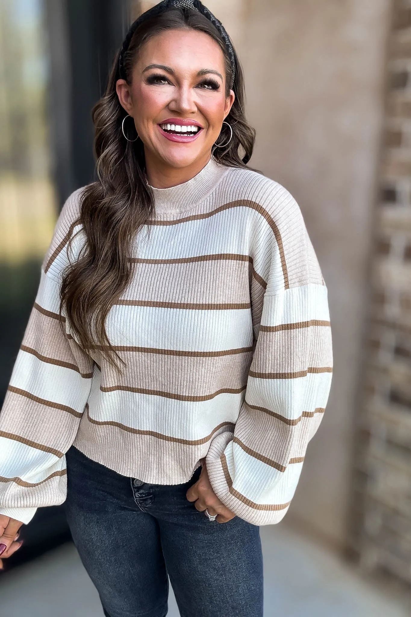 I Always Believe Cream and Tan Textured Stripe Sweater