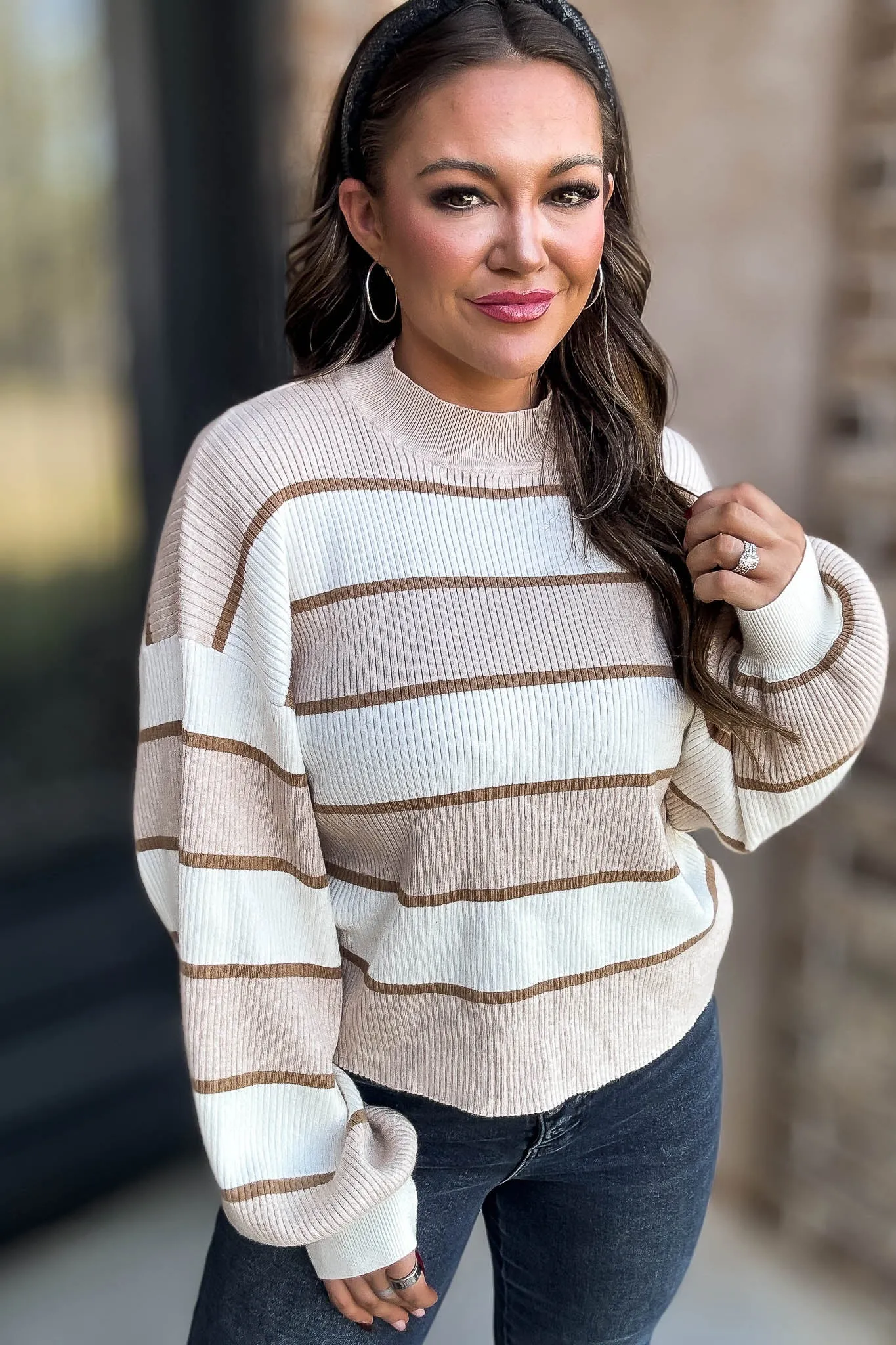 I Always Believe Cream and Tan Textured Stripe Sweater