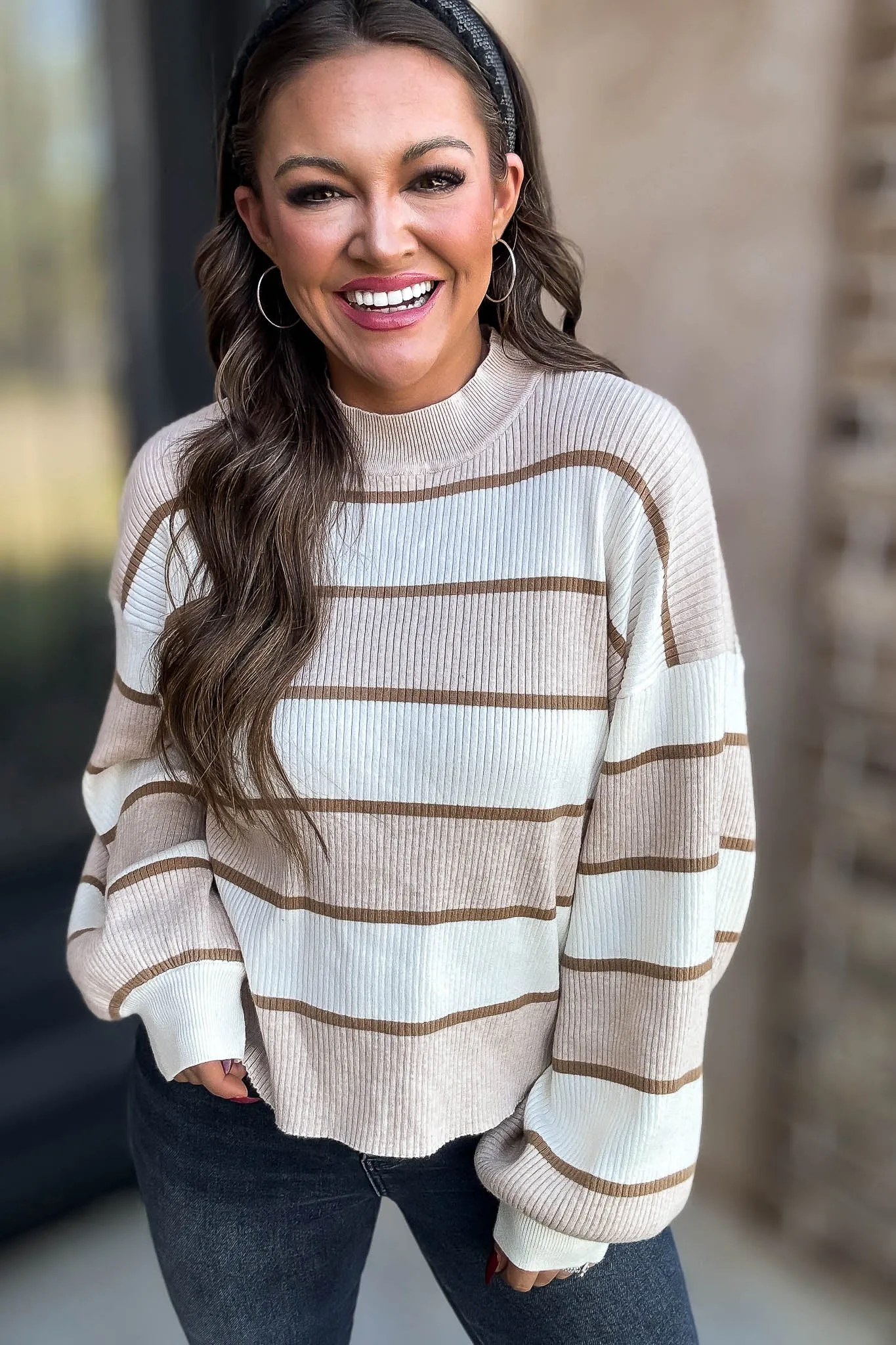 I Always Believe Cream and Tan Textured Stripe Sweater