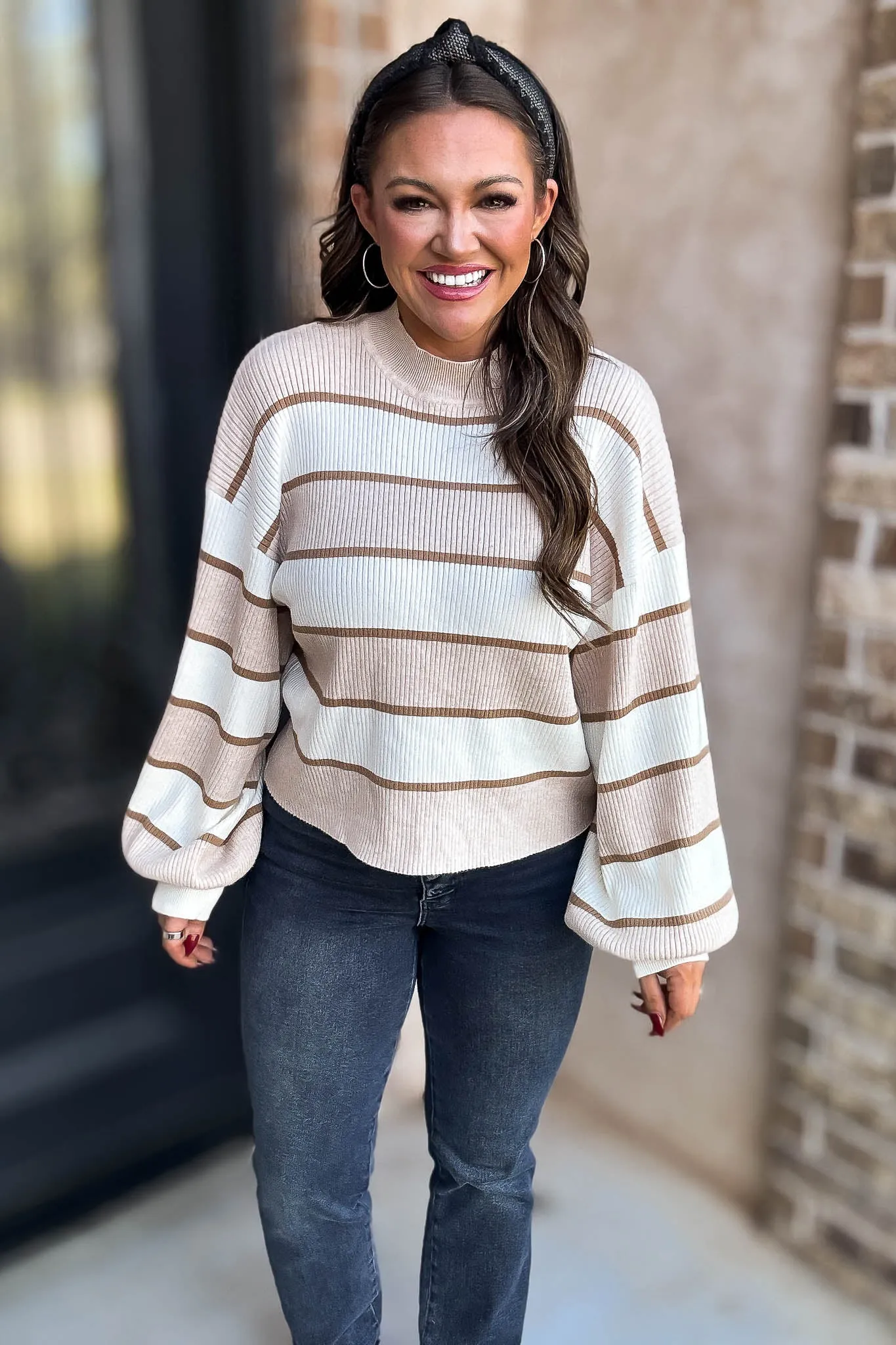 I Always Believe Cream and Tan Textured Stripe Sweater