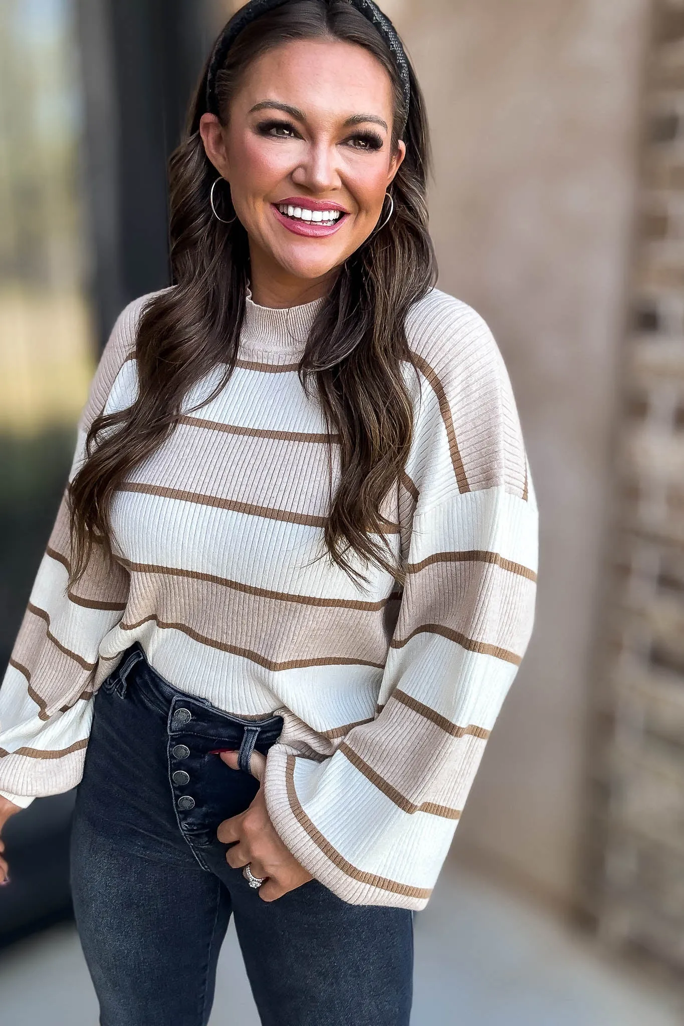 I Always Believe Cream and Tan Textured Stripe Sweater