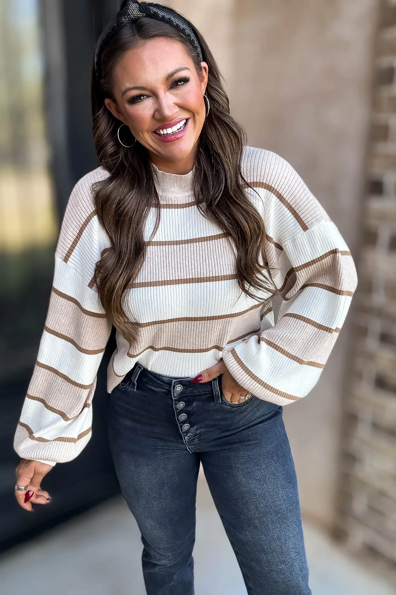 I Always Believe Cream and Tan Textured Stripe Sweater