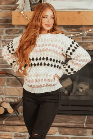 Ivory Crochet Abstract Pattern Knit Sweater