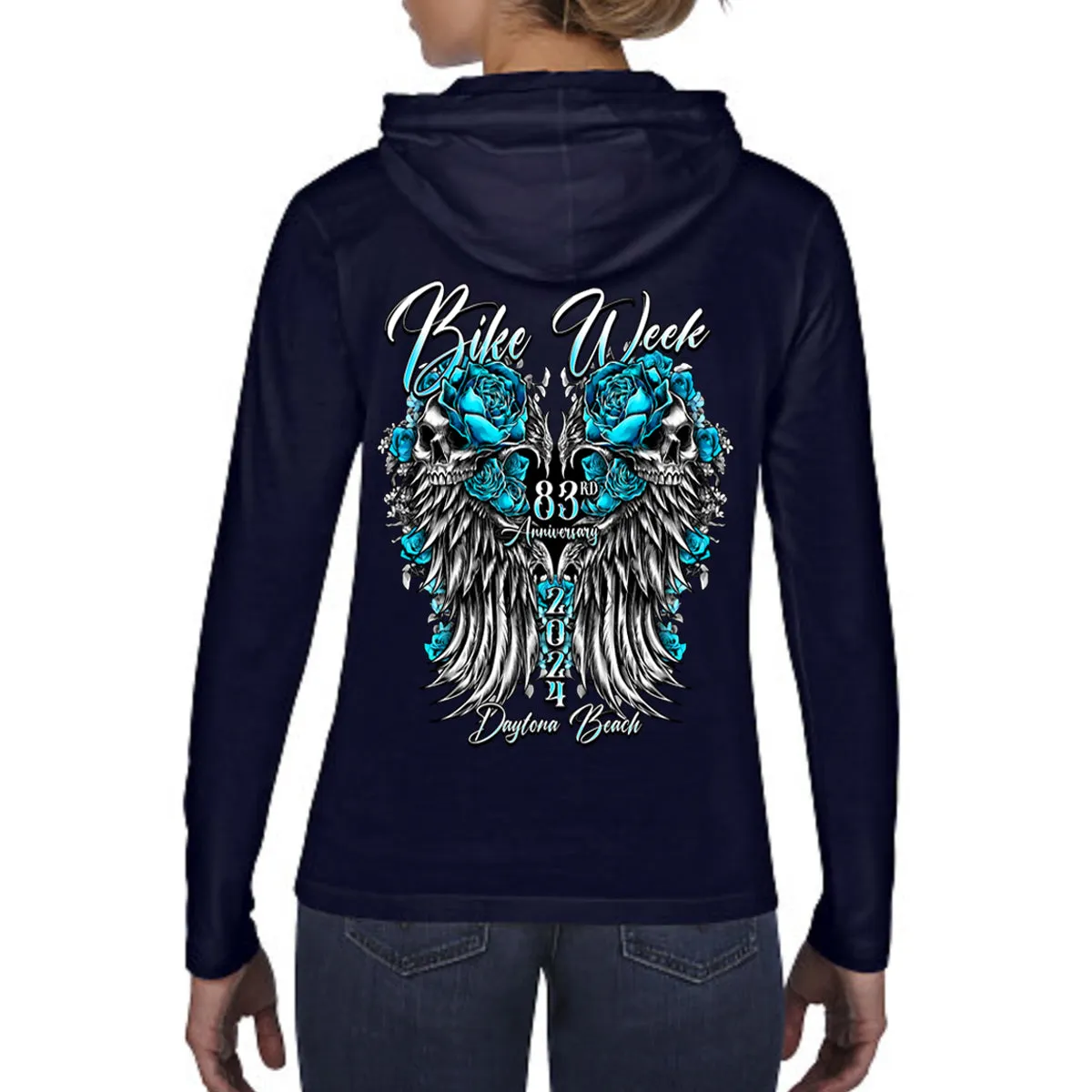 Ladies 2024 Bike Week Daytona Beach Rose Skull Wings Long Sleeve Hoodie