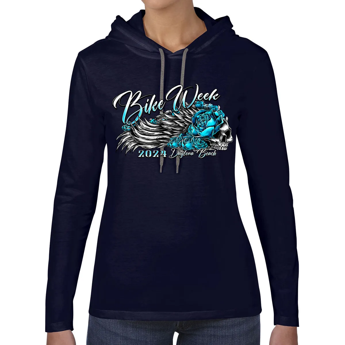 Ladies 2024 Bike Week Daytona Beach Rose Skull Wings Long Sleeve Hoodie