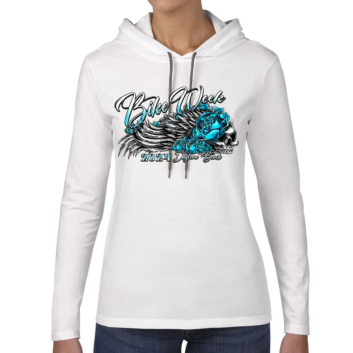 Ladies 2024 Bike Week Daytona Beach Rose Skull Wings Long Sleeve Hoodie