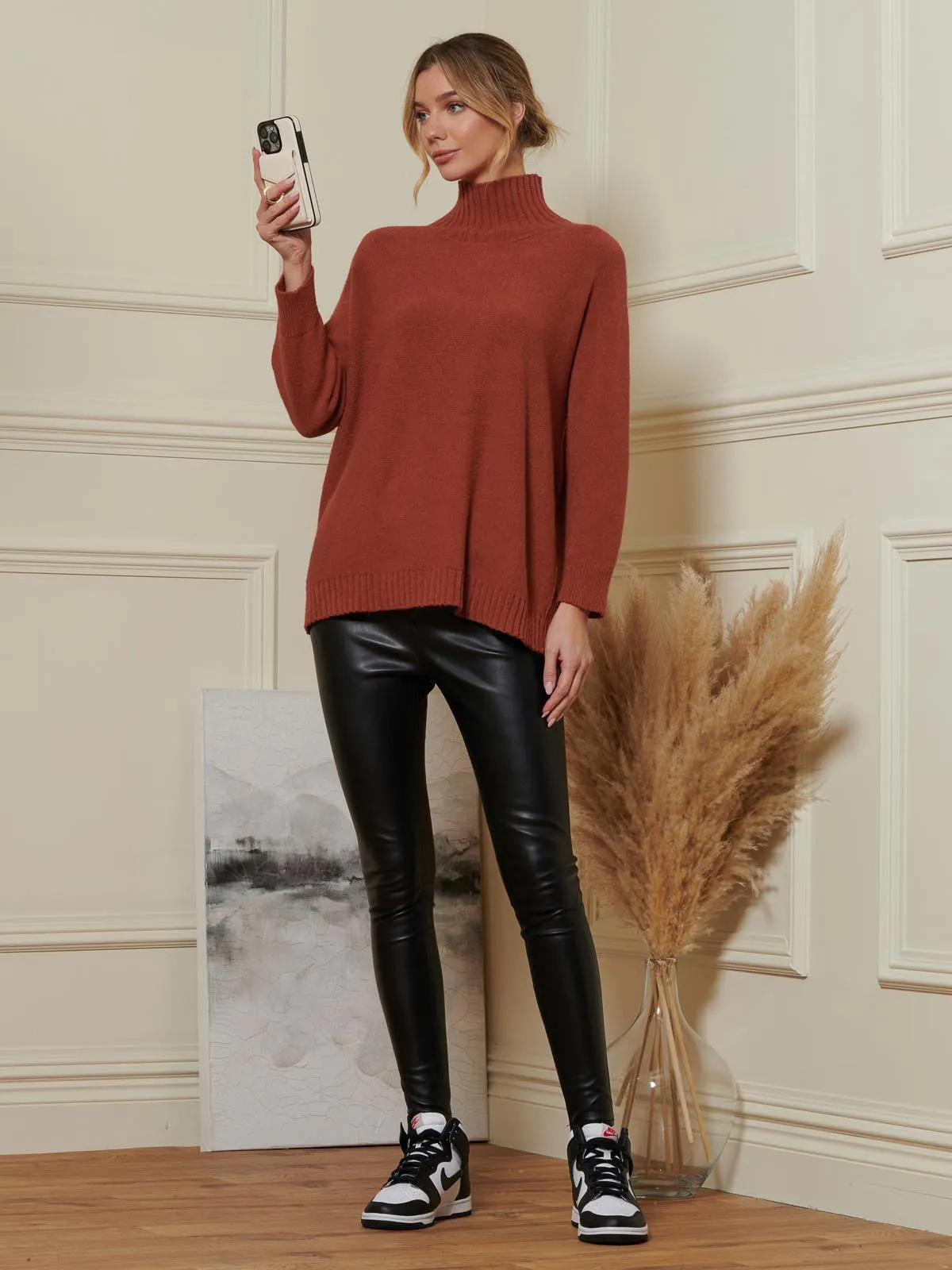 Loose Fit High Neck Jumper, Rusty Red