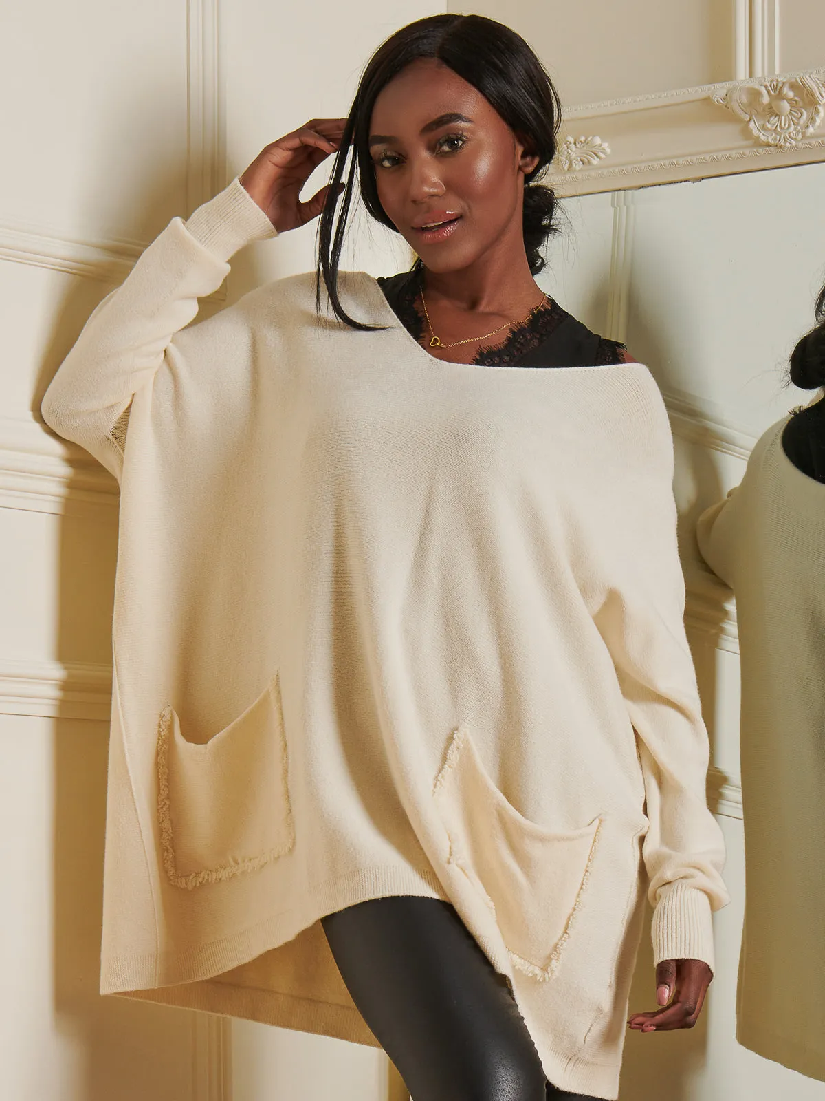 Loose Fit Pocket Knit Jumper, Cream