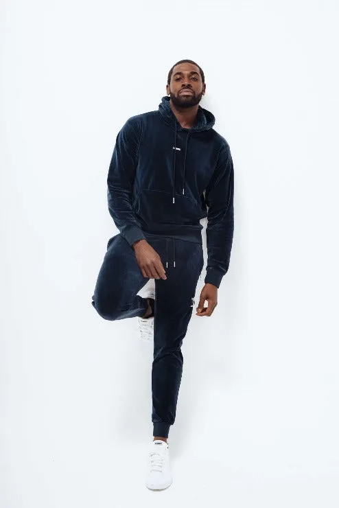 Mens Navy Velour Hoodie