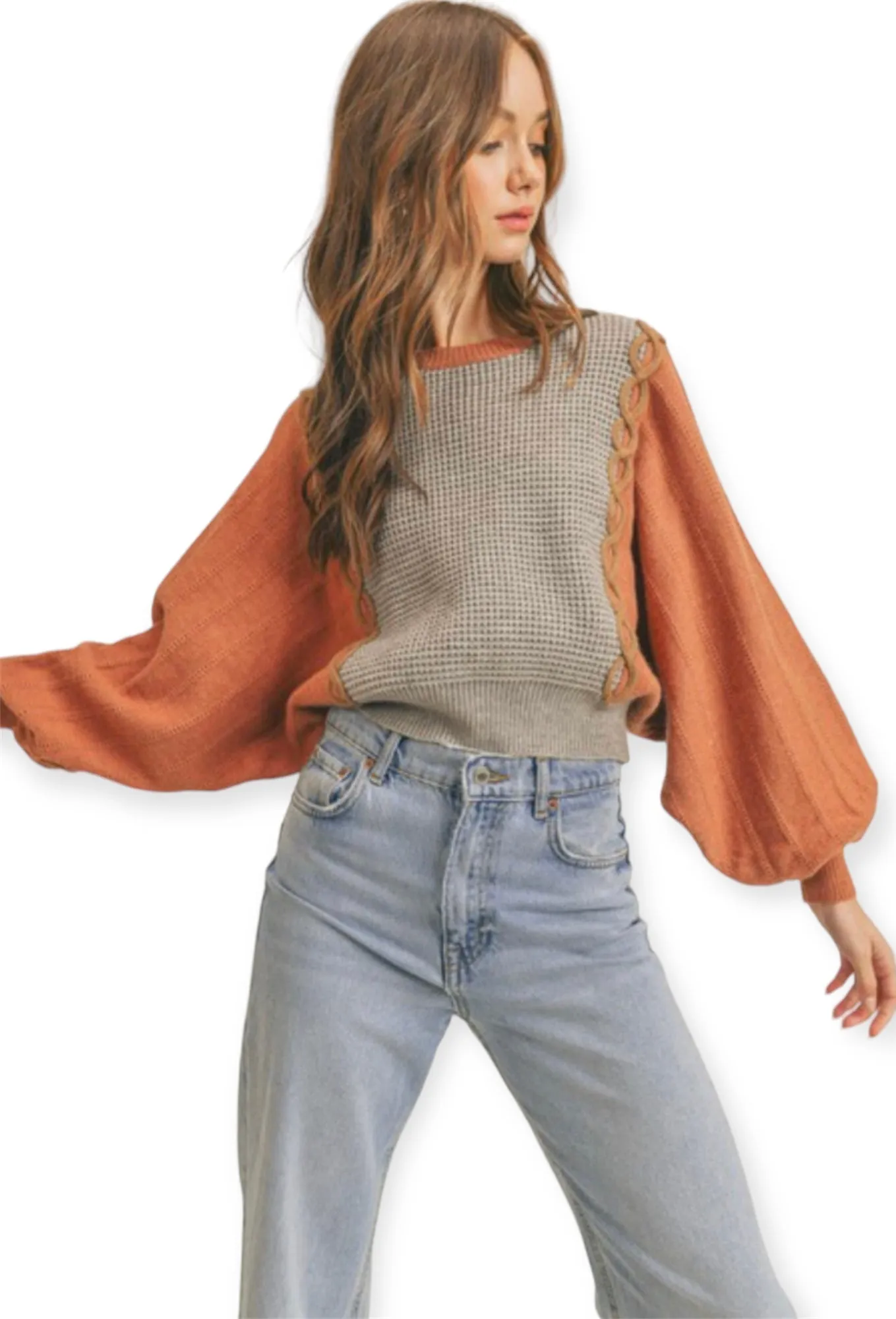 Mixed Knit Batwing Sweater- Copper