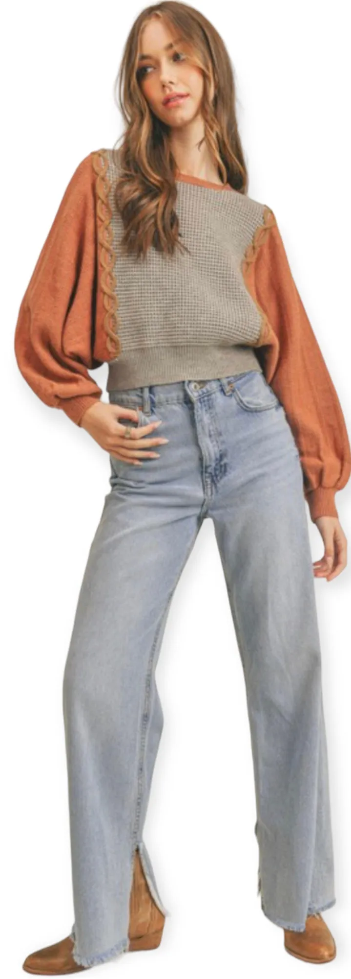 Mixed Knit Batwing Sweater- Copper