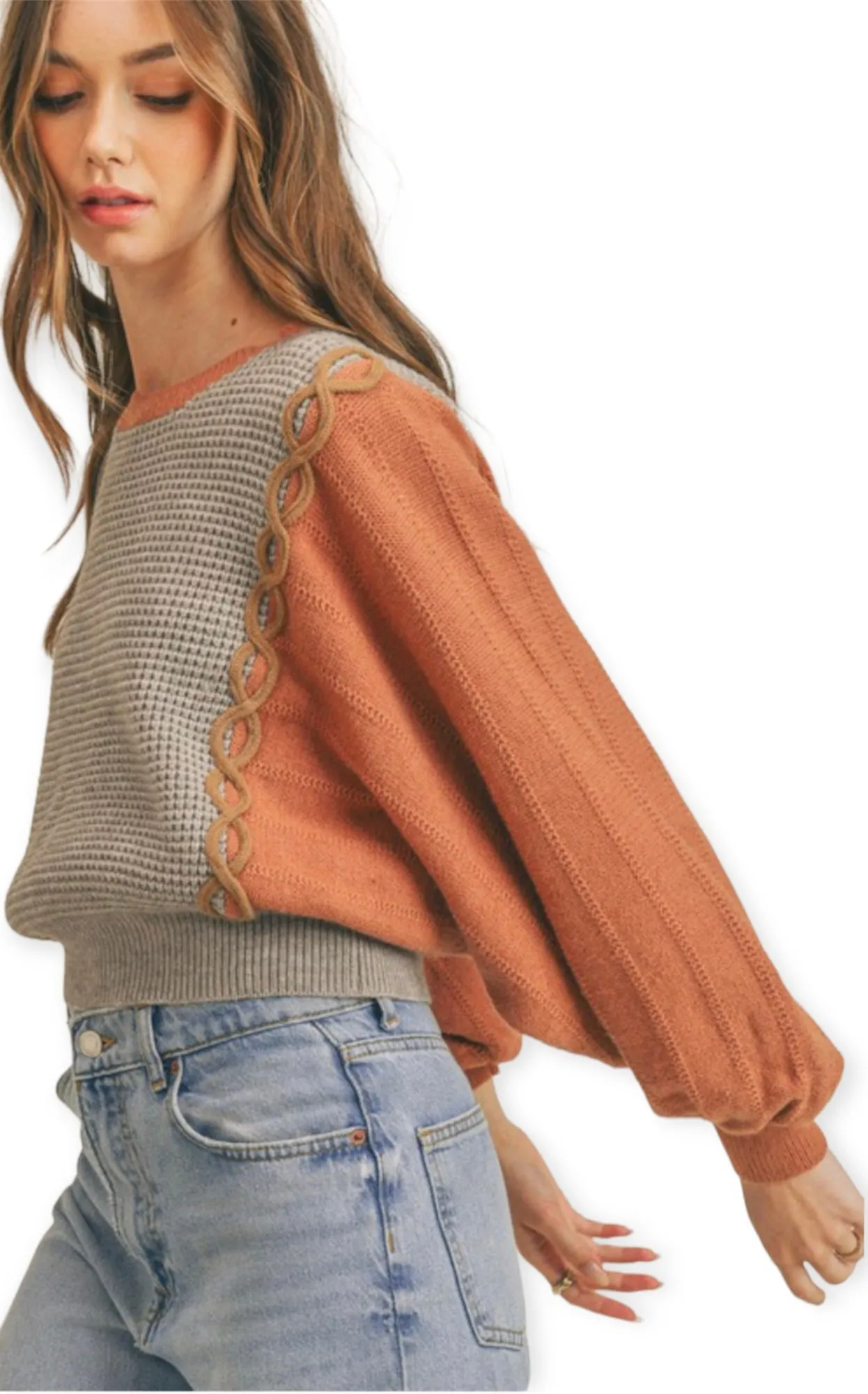 Mixed Knit Batwing Sweater- Copper