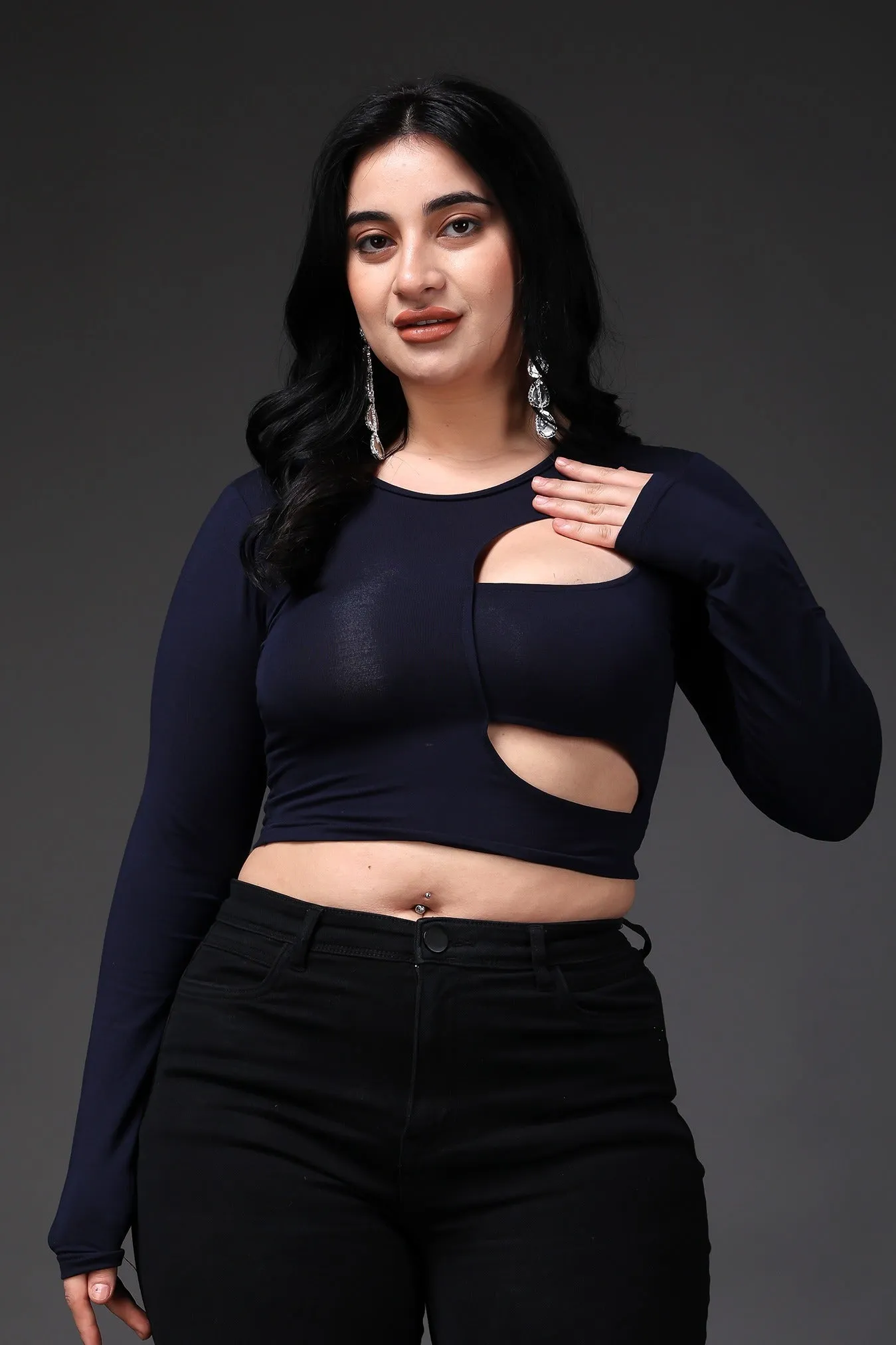 Navy Blue Solid Front Cut Crop Top