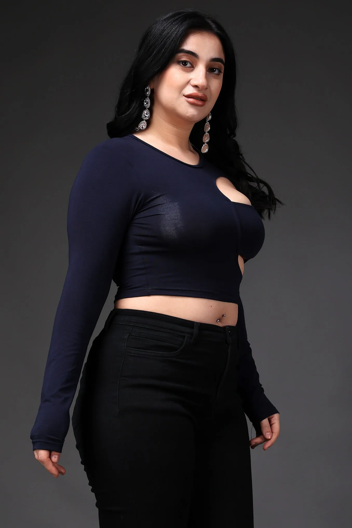 Navy Blue Solid Front Cut Crop Top