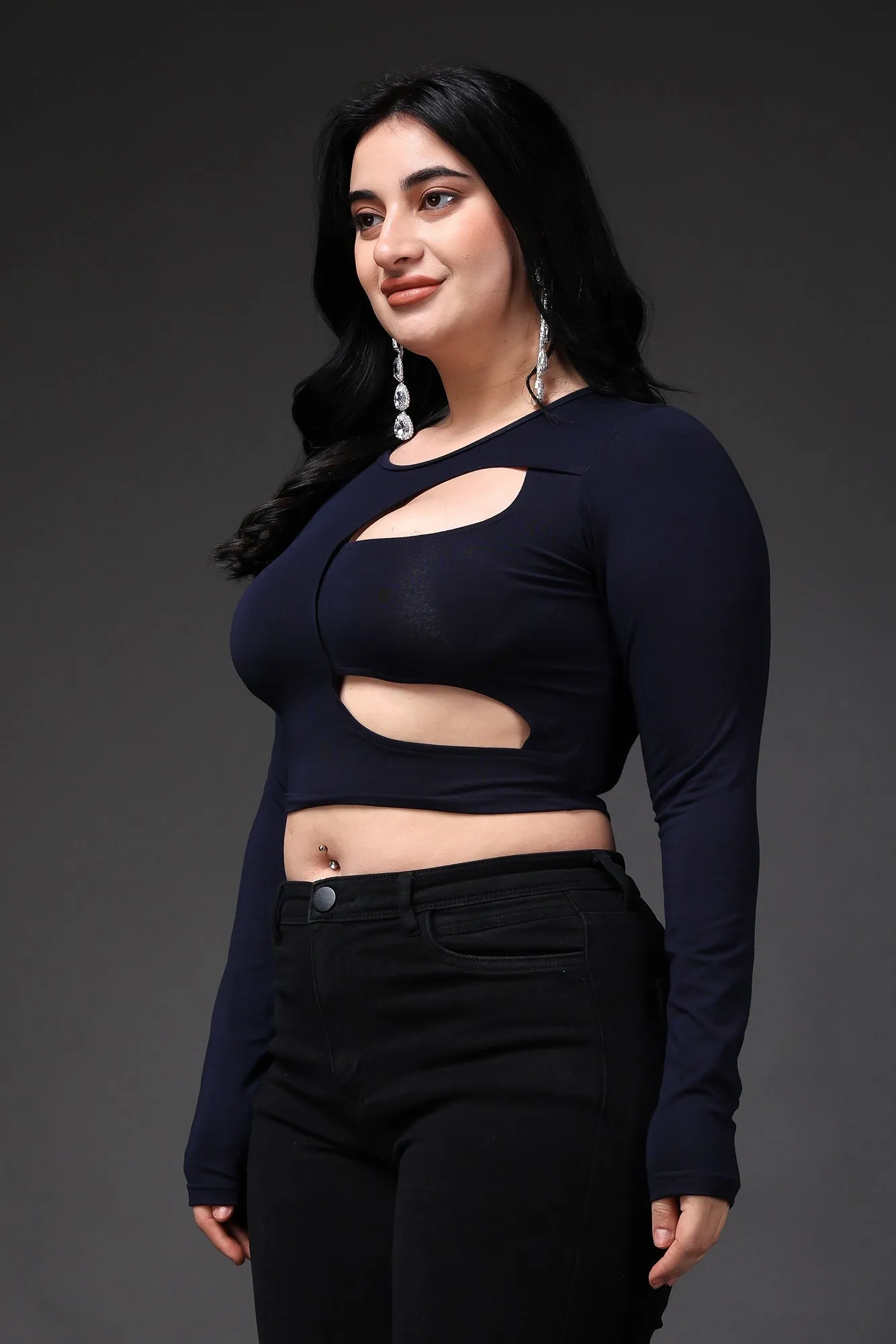 Navy Blue Solid Front Cut Crop Top