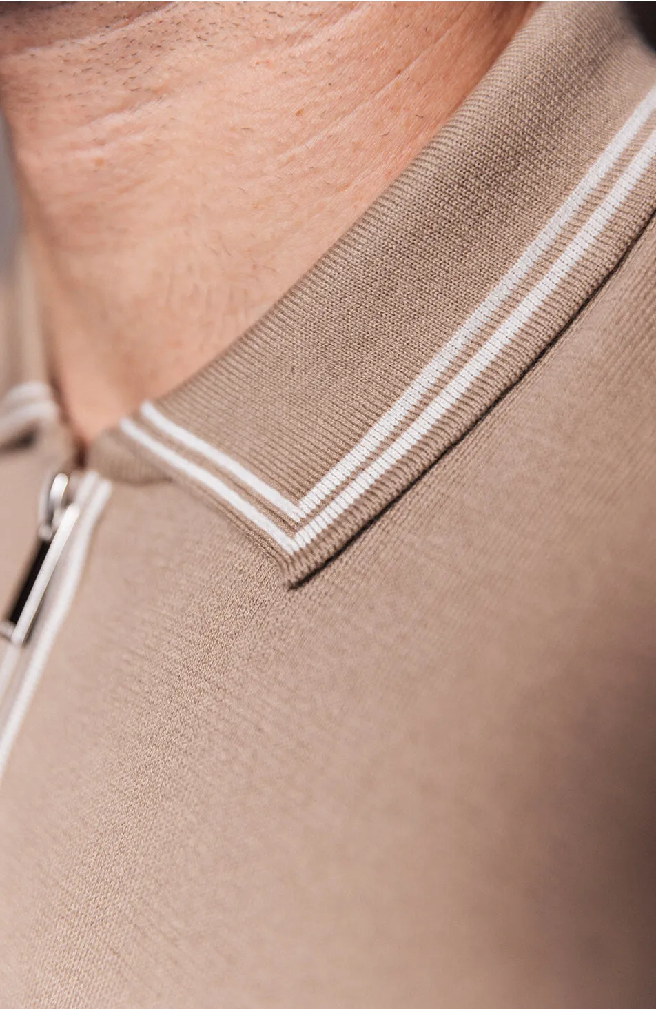 Newbury Slim Knit Piping Zip Polo in Taupe