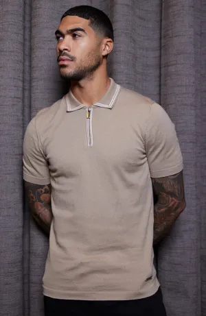 Newbury Slim Knit Piping Zip Polo in Taupe