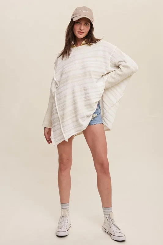 Oversized Striped Knit Sweater in Warm White