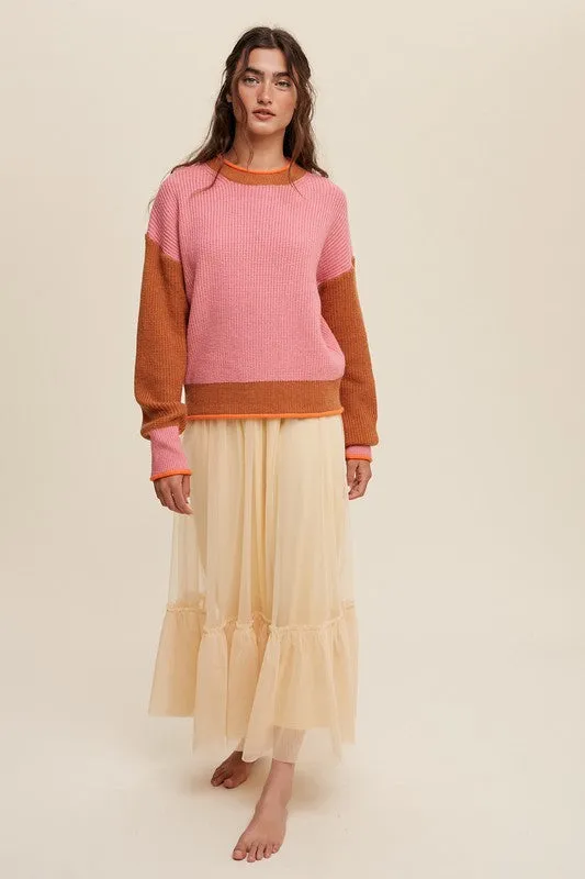 Pink Coloured Block Ribbed Knit Sweater